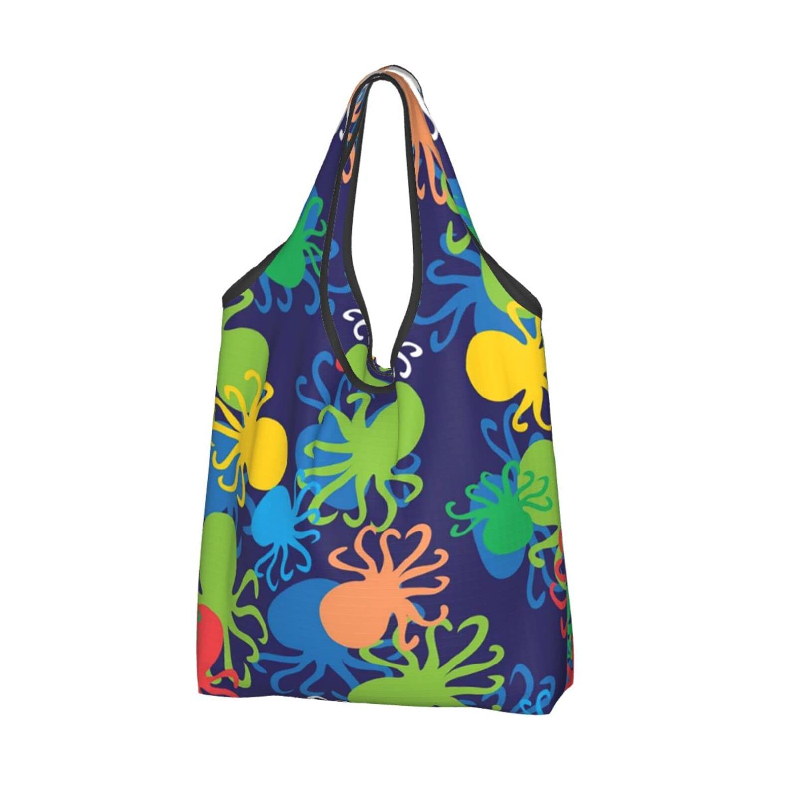 Waterproof Reusable Shopping Bags - Large Foldable Grocery Tote with Colorful Octopus Design | Eco-Friendly Grocery Haul, Beach Trips & Farmers Market Essentials