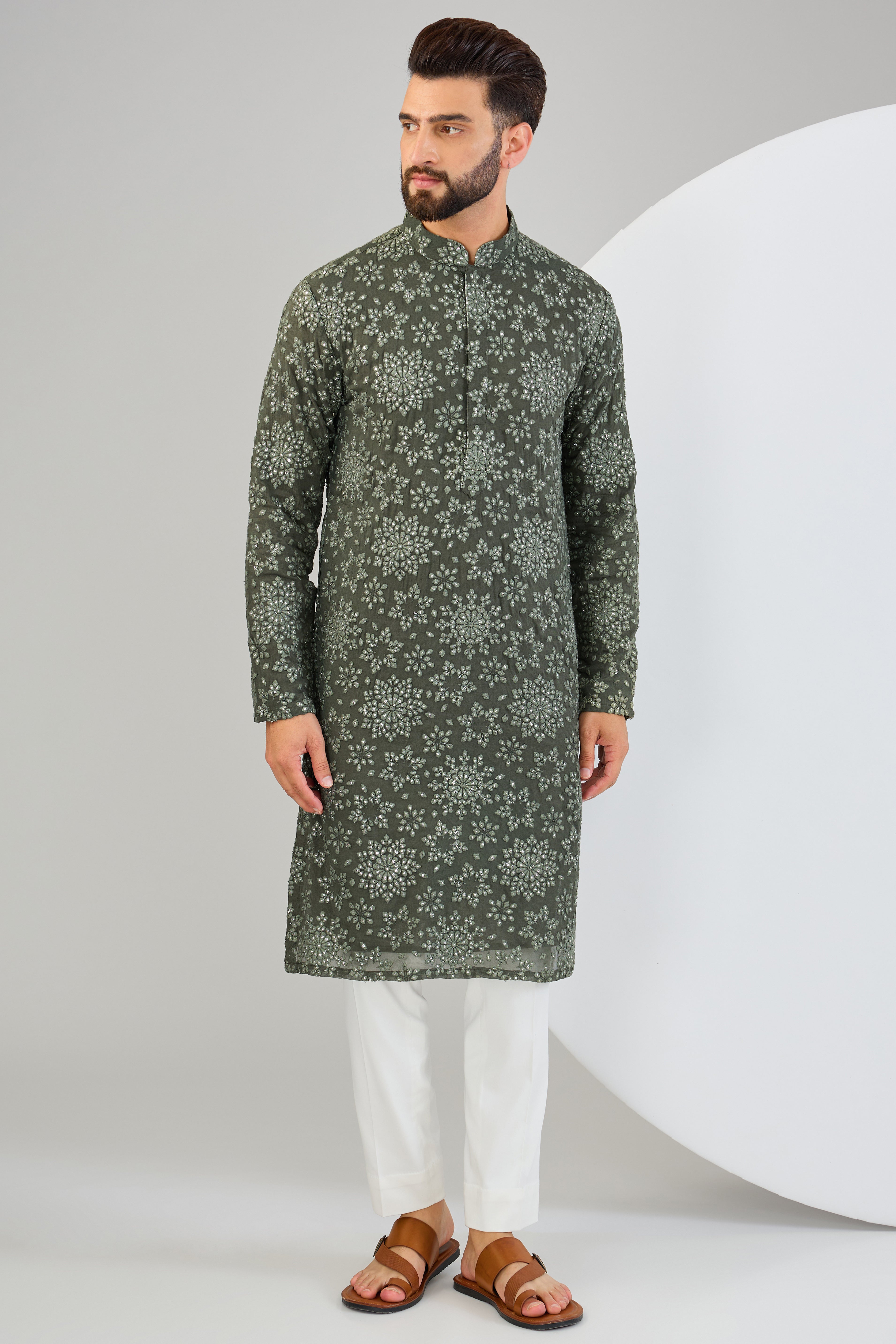Stylish Military Green Kurta with Intricate Floral Embroidery & Sequin Work - Perfect for Festivals, Weddings & Ethnic Fashion