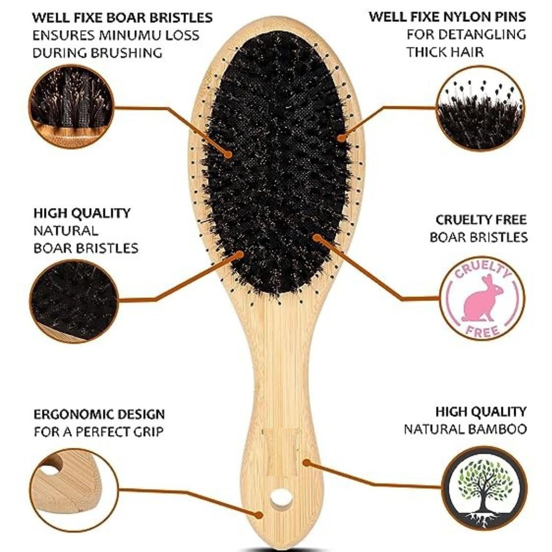 GLAM FAM Natural Boar Bristle Hair Brush with Wooden Bamboo Handle - Detangling & Anti-Static Hairbrush for Women & Men with Thick Hair - Reduces Hair Breakage for Smooth, Shiny Hair - Perfect for Daily Styling & Salon-Quality Results at Home