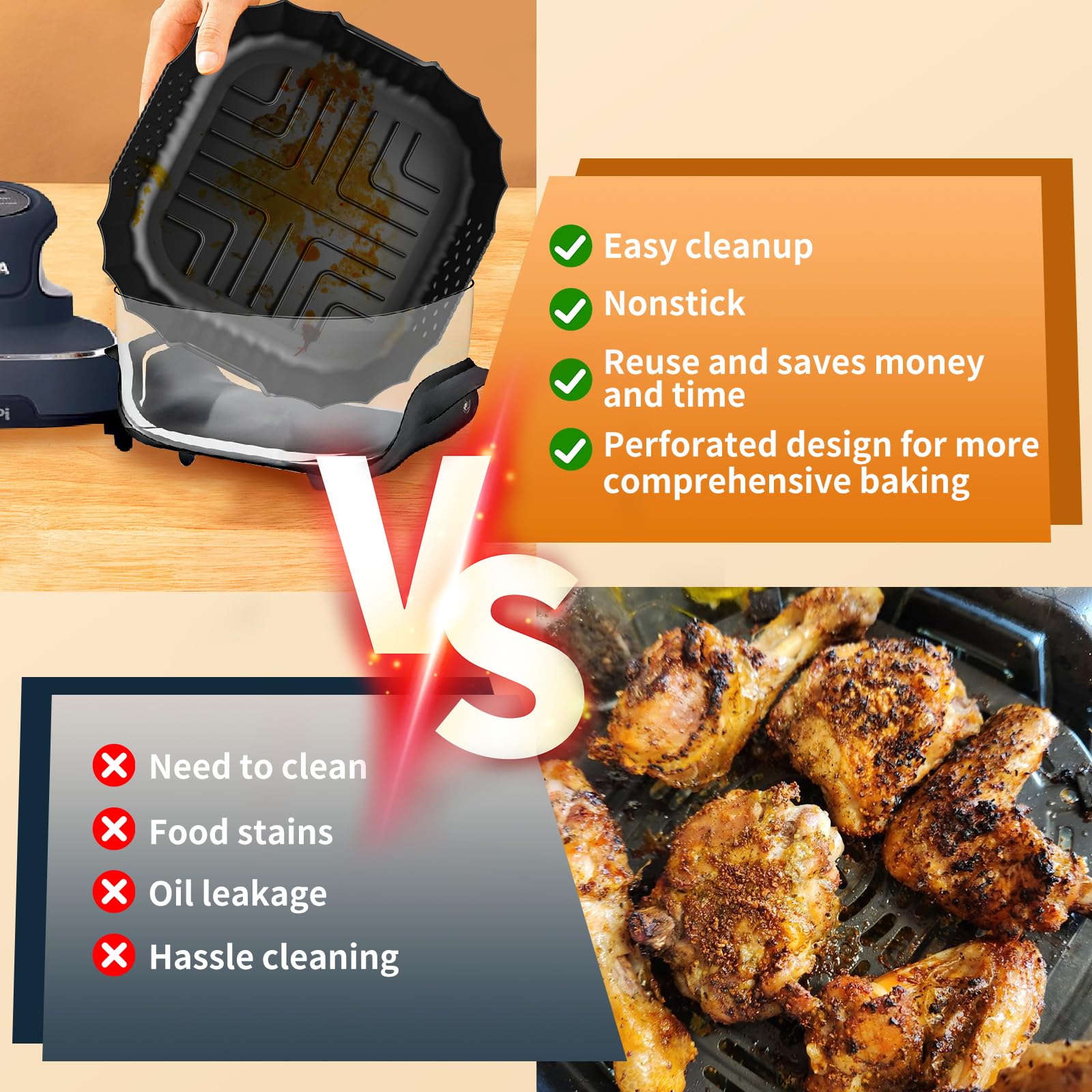 Ninja Air Fryer Silicone Liners Set - 2 Pack Non-Stick Basket Accessories for FN101GY/FN101SG/FN101ST Models | Fits 4 QT & 6 Cup Glass Containers | Reusable, Easy Clean | Perfect for Healthy Cooking, Meal Prep & Family Snacks