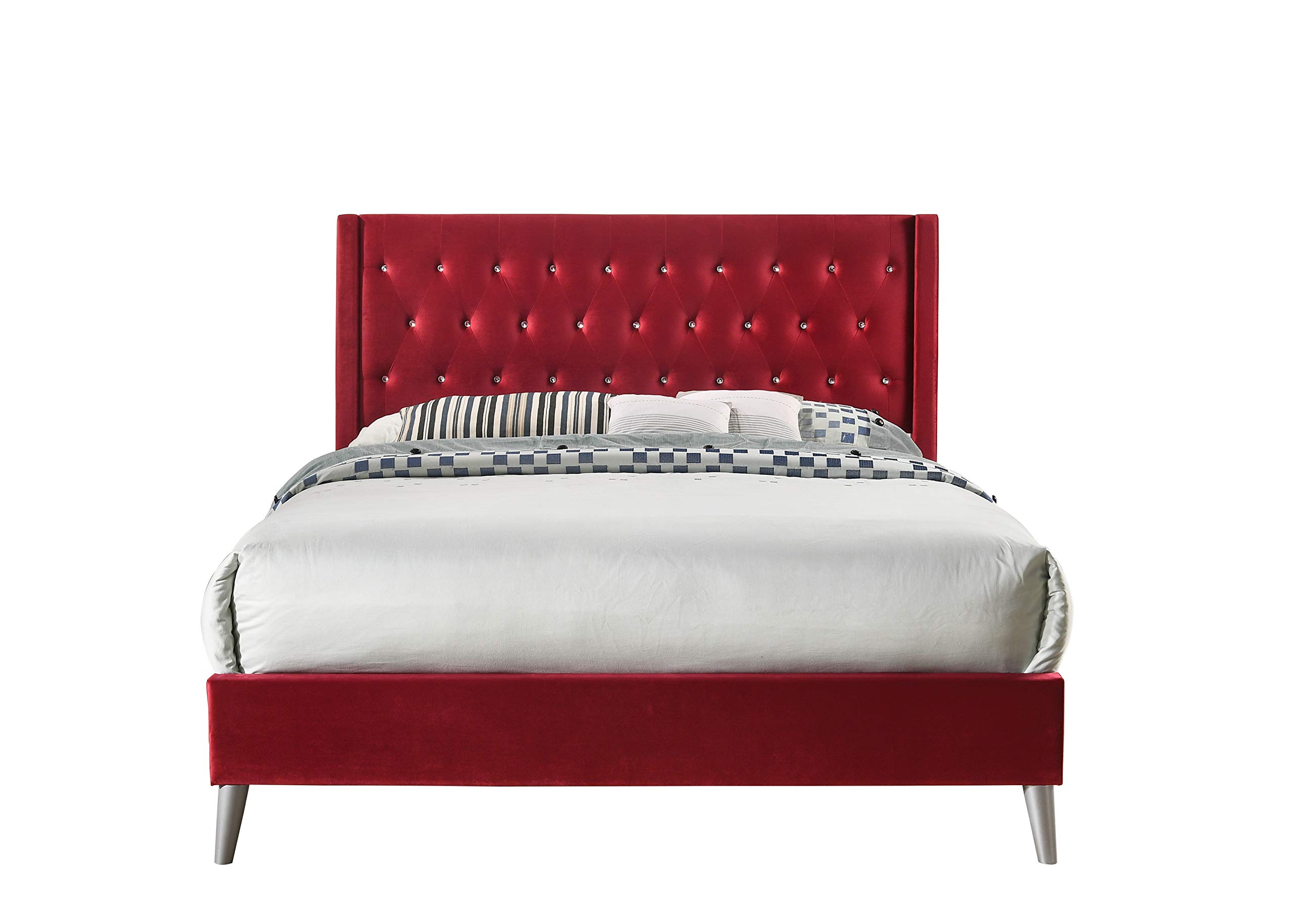 Carell Furniture Modern Velvet Upholstered Full Bed in Cherry - Luxurious Bedroom Furniture for Master Bedroom & Guest Room