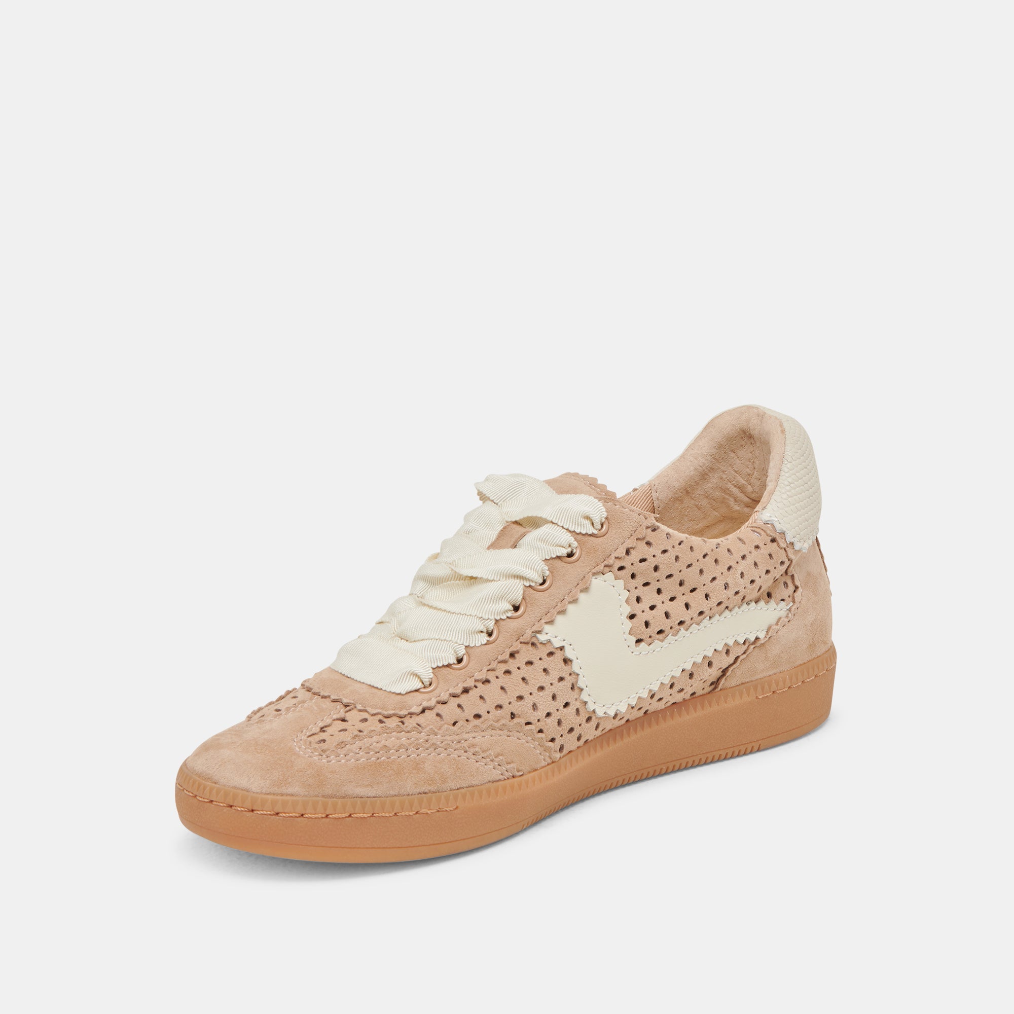Notice Perforated Eyelet Sneakers in Camel Suede - Comfortable & Stylish Casual Shoes for Women, Perfect for Walking, Work & Everyday Wear