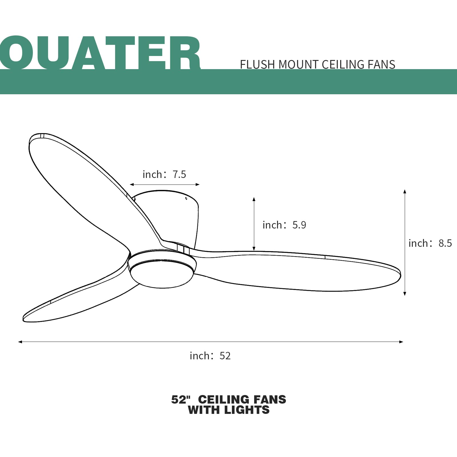 52 Inch Flush Mount Ceiling Fan with Light - Low Profile DC Motor Fan with Remote Control, 6 Speeds & 3 Color Lighting Options, Wood Blades in Modern Matte Black - Perfect for Outdoor, Patio, Bedroom and Living Room Spaces