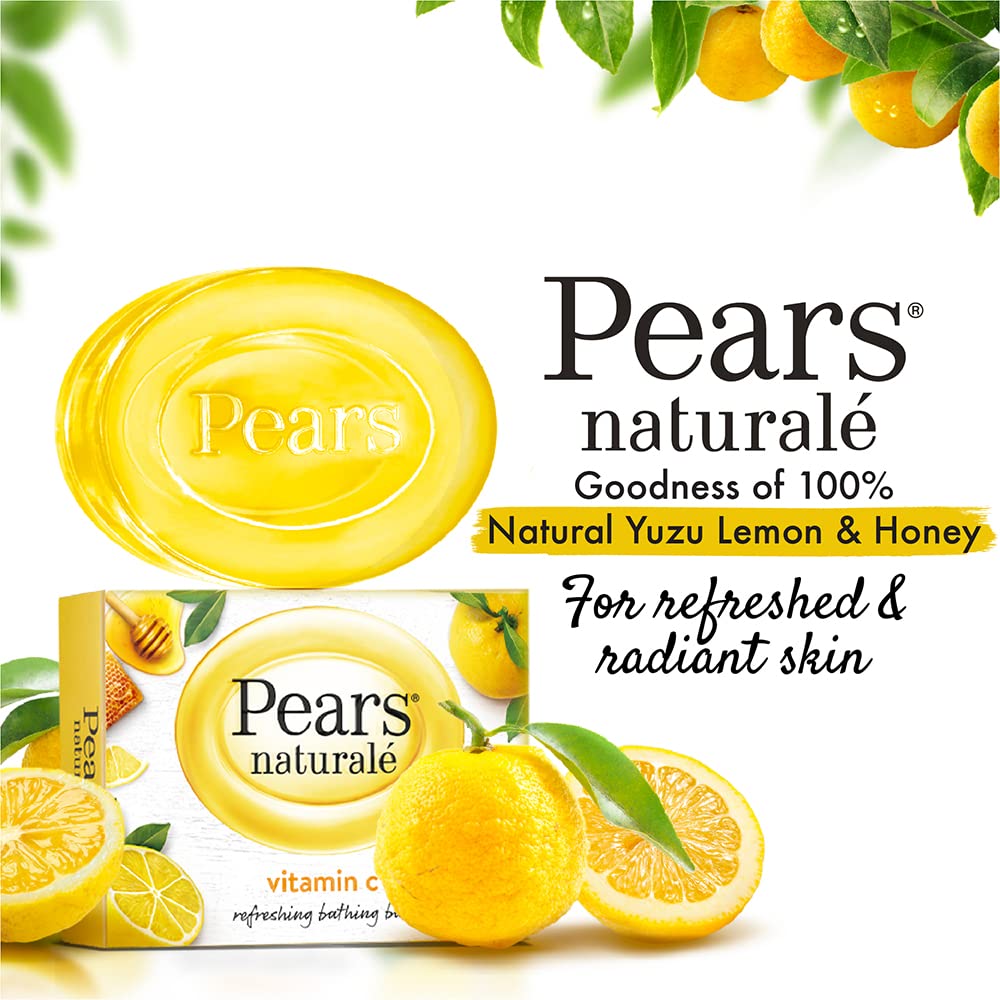 Pears Naturale Vitamin C Soap 4-Pack (125g Each) - Brightening & Glowing Face & Body Cleanser for Acne-Prone & Dull Skin - Daily Skincare Routine