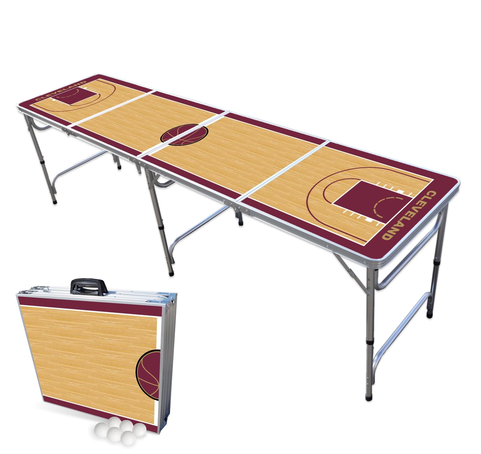 8-Foot Folding Portable Beer Pong Table with LED Lights & Optional Cup Holders - Cleveland Basketball Court Design for Indoor/Outdoor Parties, Tailgates & Game Nights (Multiple Models Available)