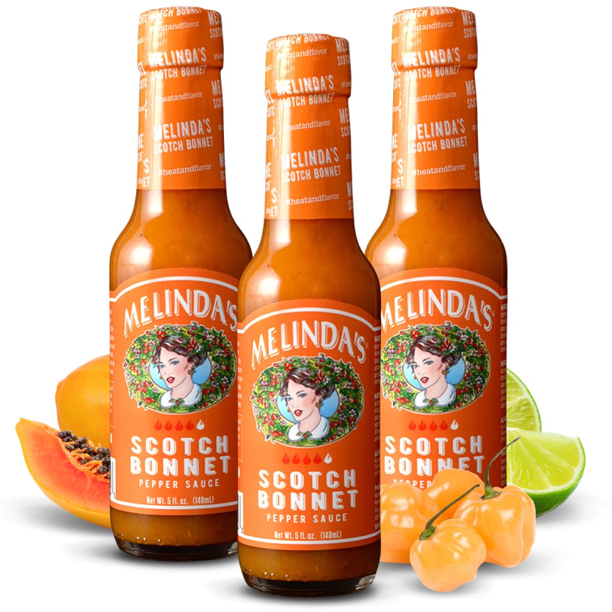 Melinda’s Scotch Bonnet Hot Sauce - Gourmet Pepper Sauce with Scotch Bonnet Peppers, Carrots, Papaya & Lime Juice - Keto, Vegan, Gluten-Free, Kosher Certified - 5oz Bottle (3-Pack) - Perfect for Tacos, Wings & Grilling