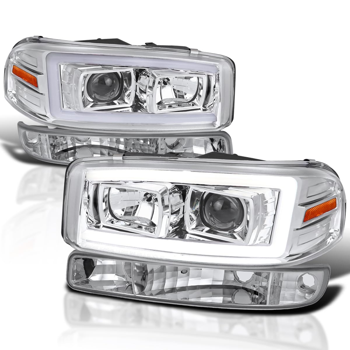 Spec-D Tuning Chrome LED Light Bar Projector Headlights with Bumper Lights - Compatible with 1999-2006 GMC Sierra 1500/2500/3500 - Left & Right Headlamp Assembly - Upgrade for Off-Roading, Night Driving & Enhanced Visibility