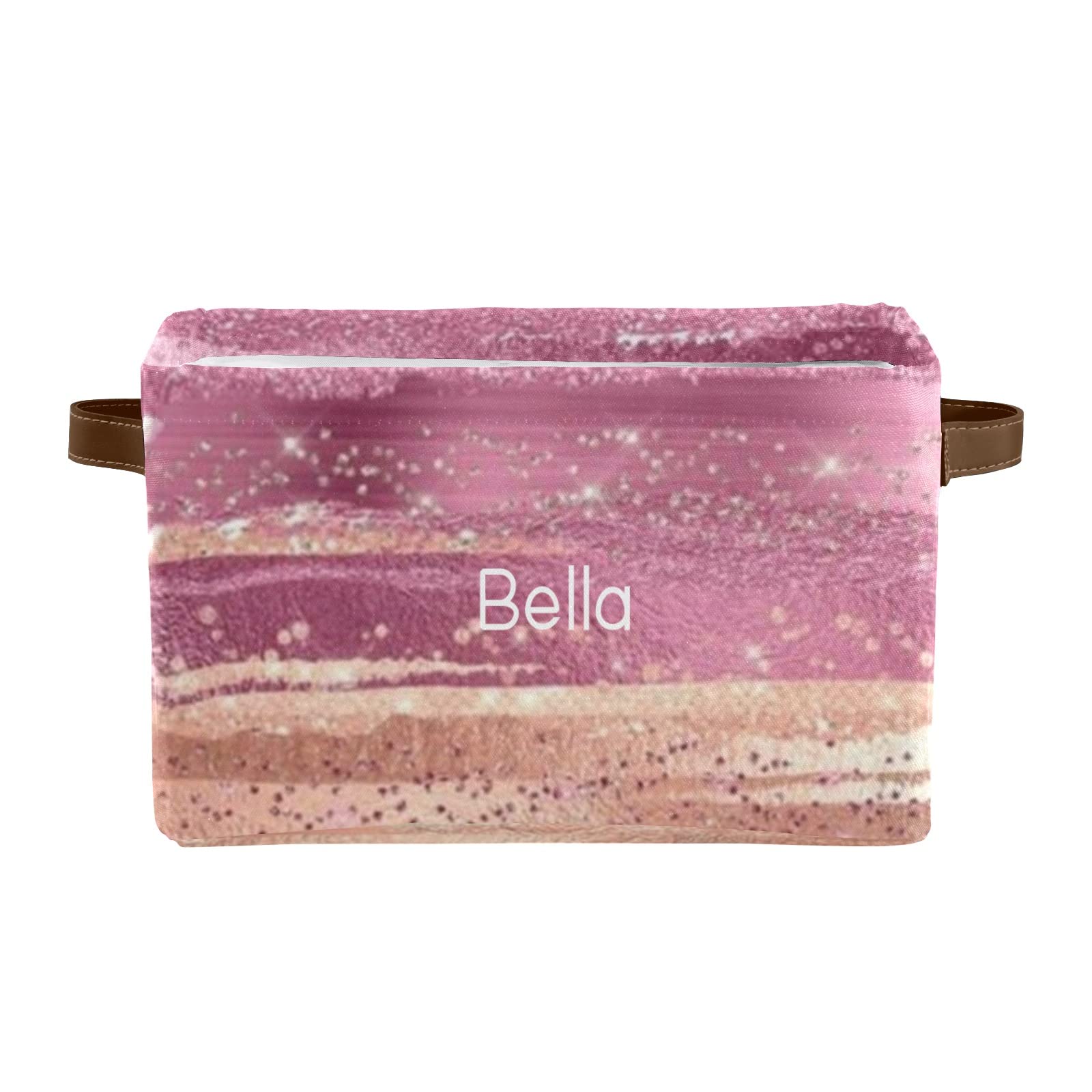 Personalized Pink Gold Storage Basket with Name - 4 Pack Rectangular Home & Kitchen Organizer Bin for Bathroom, Bedroom, and Office Storage