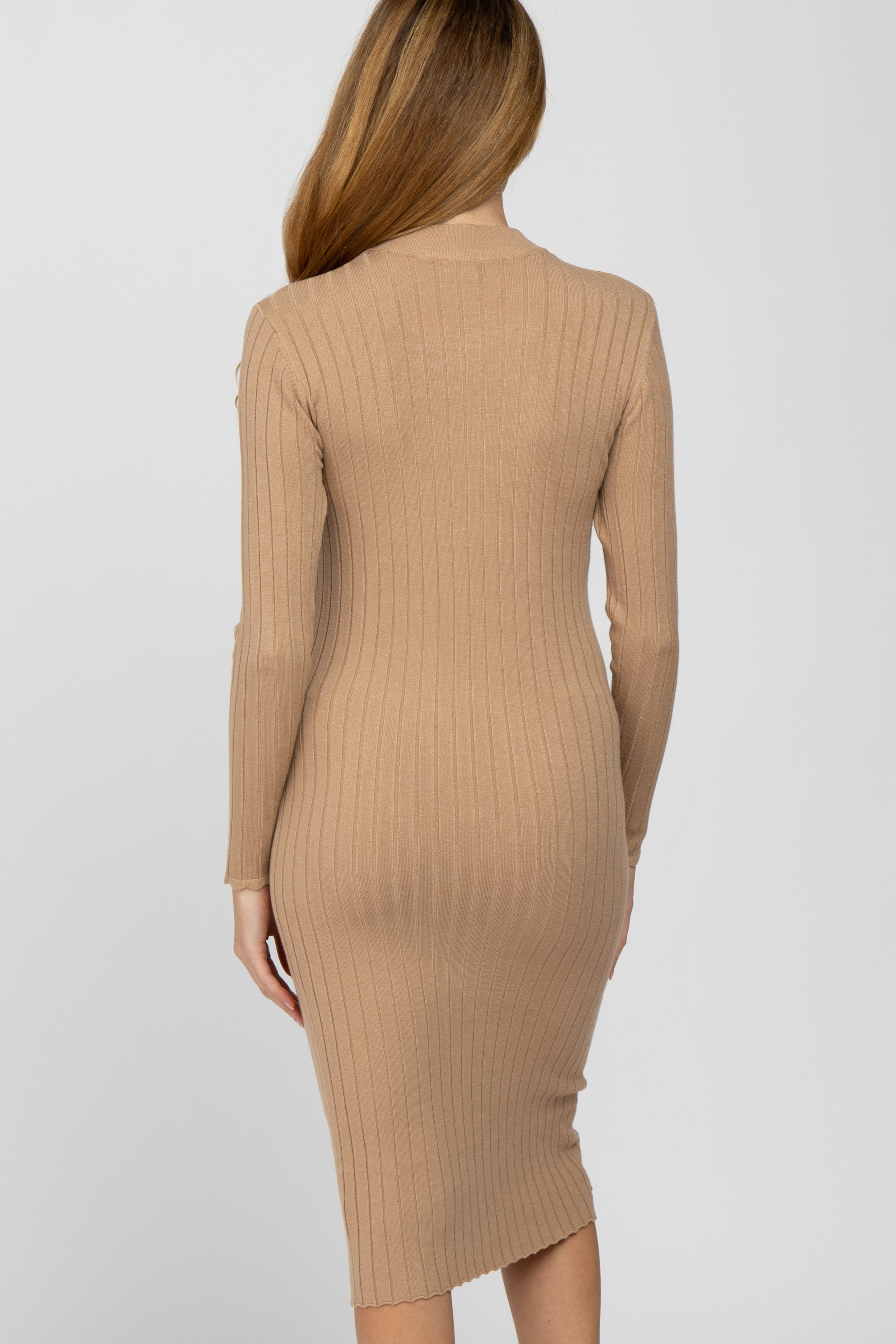 Beige Knit Mock Neck Maternity Midi Dress - Soft Stretchy Pregnancy Dress for Baby Shower, Maternity Photos & Everyday Comfort