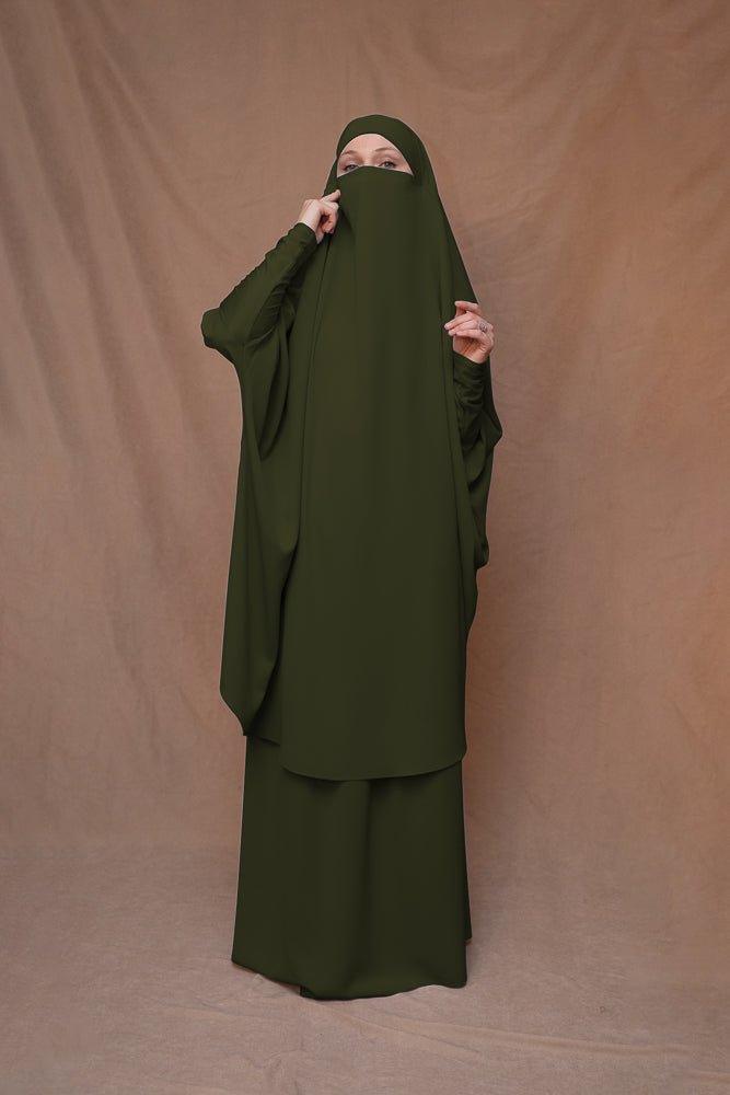 Army Green Moira Prayer Umrah Gown with Niqab - Islamic Modest Dress for Women - Perfect for Hajj, Umrah, Prayer & Religious Ceremonies
