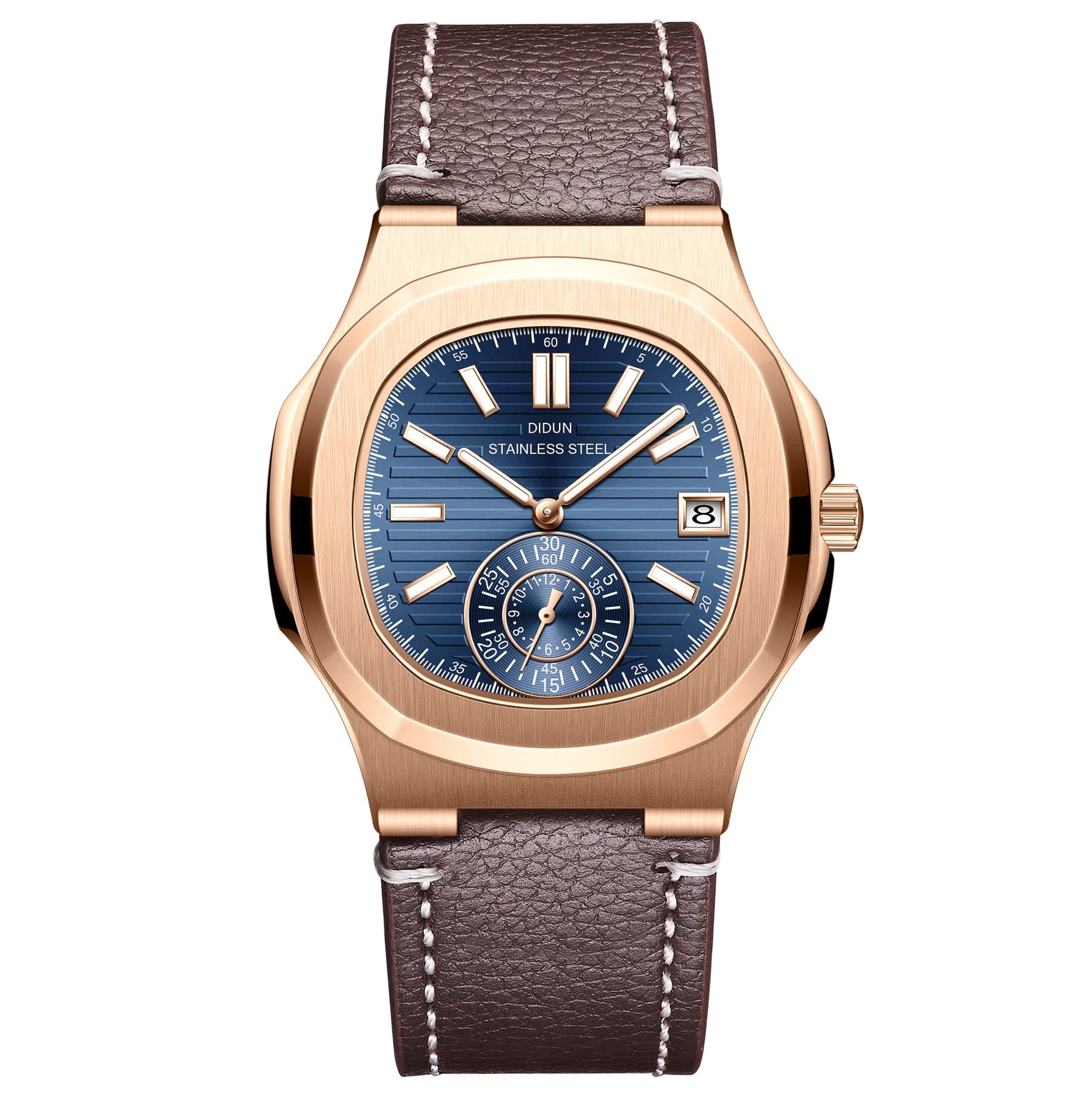DIDUN Luxury Men's Quartz Watch - Stainless Steel Case with Military Leather Strap - Waterproof Casual Dress Watch for Business, Outdoor & Everyday Wear