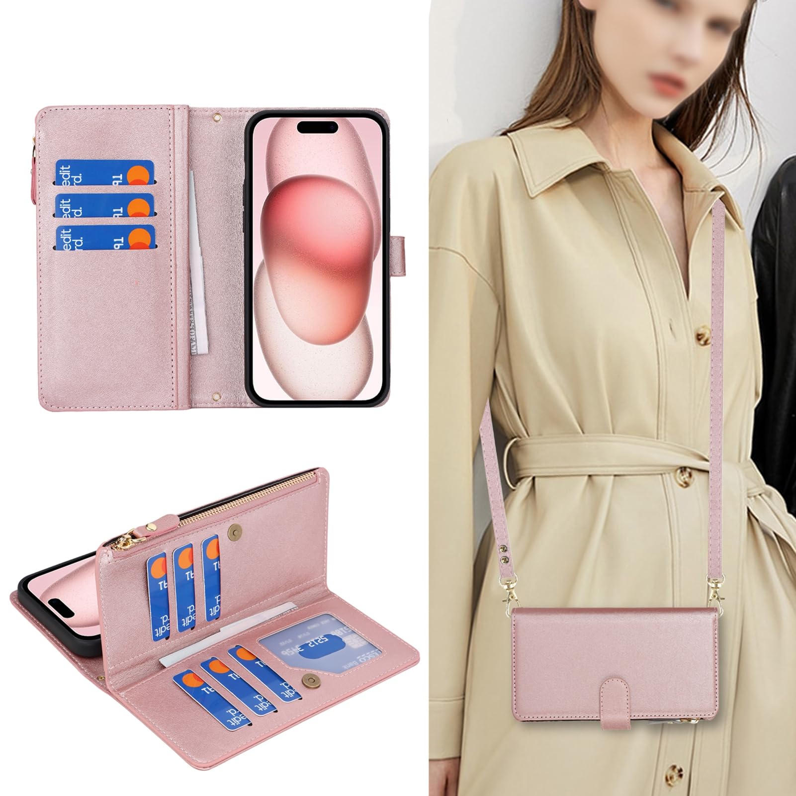 Jaorty Crossbody Phone Case for iPhone 15 with Strap Lanyard - Leather Wallet Case with Card Holder & Zipper Pocket - Magnetic Flip Cover for Women (6.1