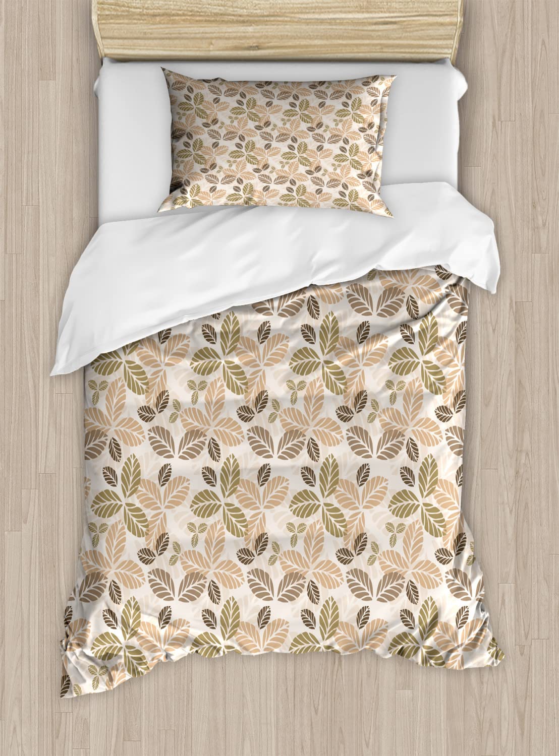 Ambesonne Leaf Duvet Cover Set King Size - 2 Pack Floral Abstract Pattern with Retro Leaf Silhouettes in Army Green, Tan & Brown - Includes 2 Duvet Covers & 4 Pillowcases - Perfect for Botanical Bedroom Decor, Nature-Inspired Home Styling and Gardening Enthusiasts