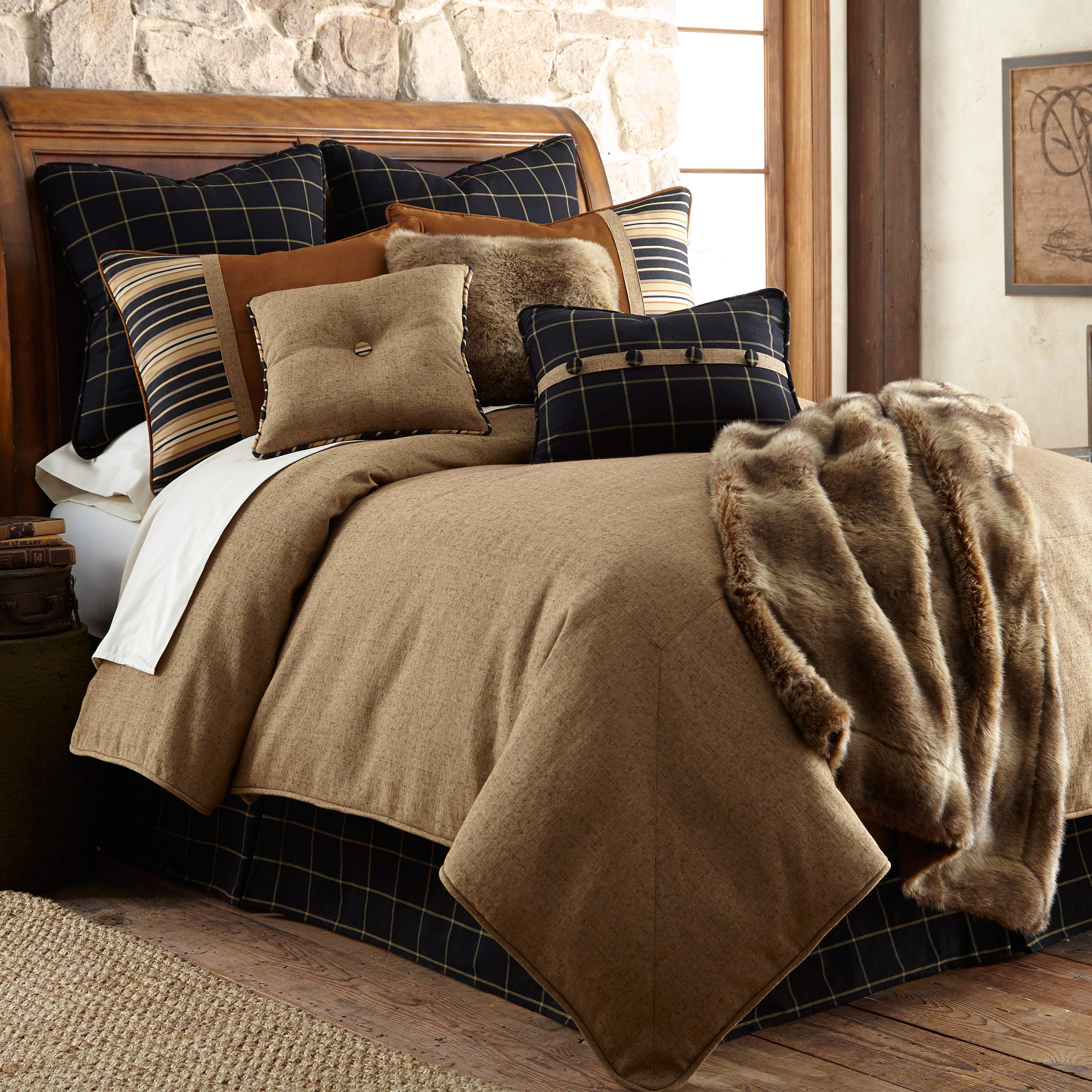 HiEnd Accents Ashbury 5-Piece Full Size Comforter Set - Tweed Tan & Black Rustic Cabin Luxury Bedding with 1 Comforter, 1 Bed Skirt, 2 Pillow Shams & Plaid Accent Pillow | Perfect for Lodge, Cabin & Farmhouse Bedroom Decor
