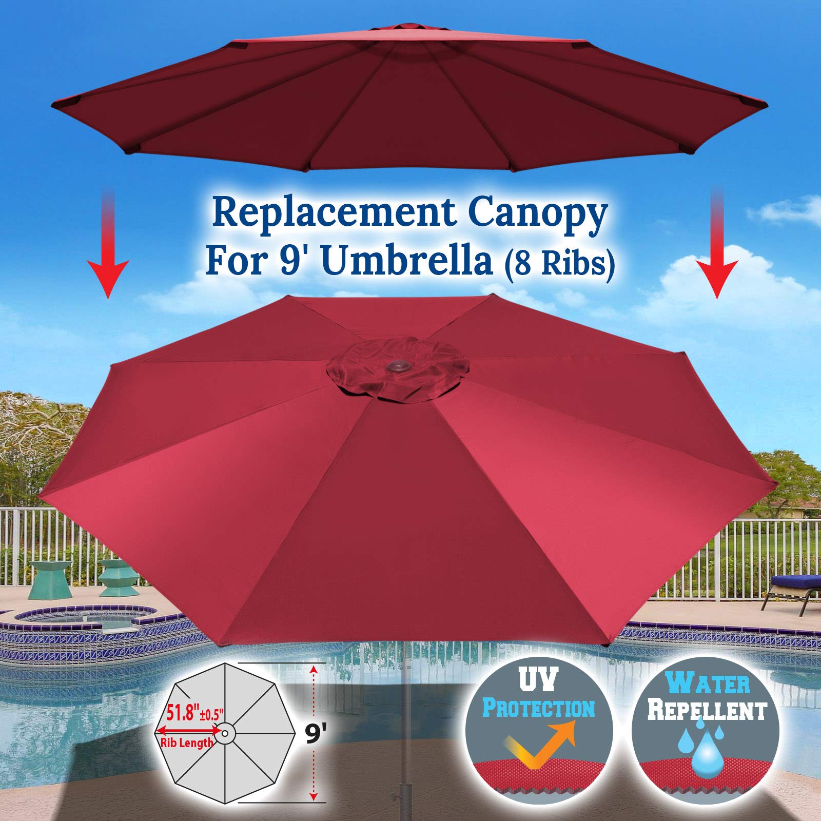 BenefitUSA 9ft 8-Rib Patio Umbrella Replacement Canopy Cover - Burgundy Red for Outdoor Dining, Poolside Lounging & Garden Shade