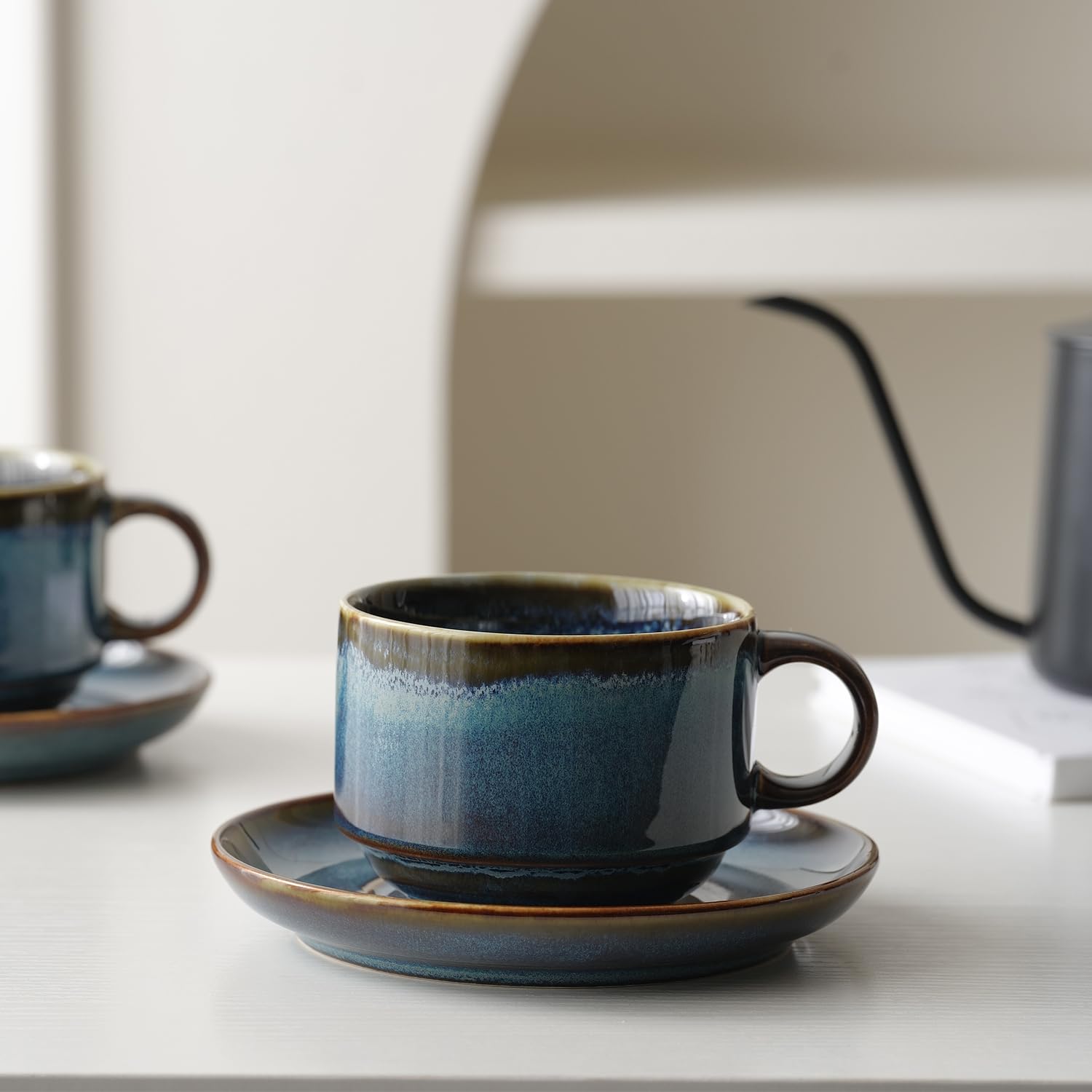Premium 10oz Ceramic Cappuccino Cups with Saucers - Set of 2, Dishwasher & Microwave Safe - Perfect for Latte, Au Lait, Tea & Mocha - Reactive Blue Glaze - Ideal for Coffee Shops, Home Use & Gifts