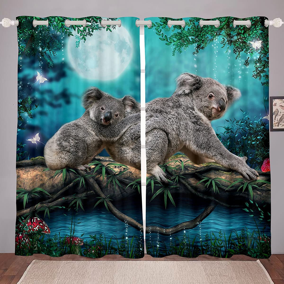 Erosebridal Koala Window Curtains with Moon & Stars - Cute Tropical Animal Glitter Butterfly Design - Green Nature Art Drapes for Girls, Teens & Women - 2 Panel Set (42