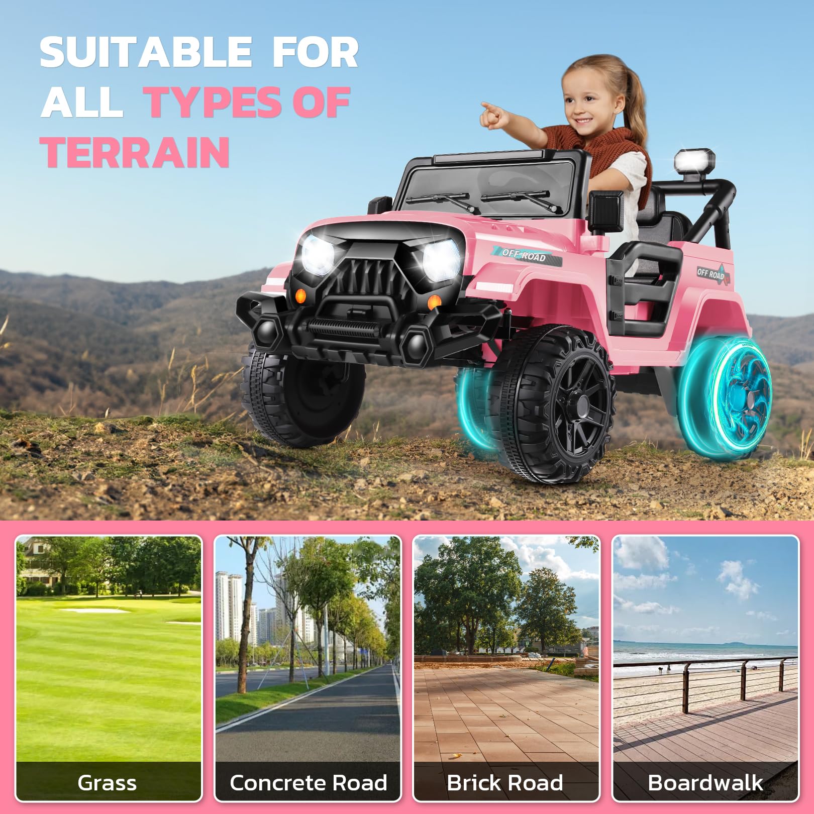 Hikole Pink Kids Ride On Car with Parent Remote Control - 12V Battery Powered Electric Toy Car for Girls with Music Player, LED Lights, Bluetooth, 3 Speed Settings & Spring Suspension - Perfect for Birthday Gifts, Outdoor Play & Indoor Fun