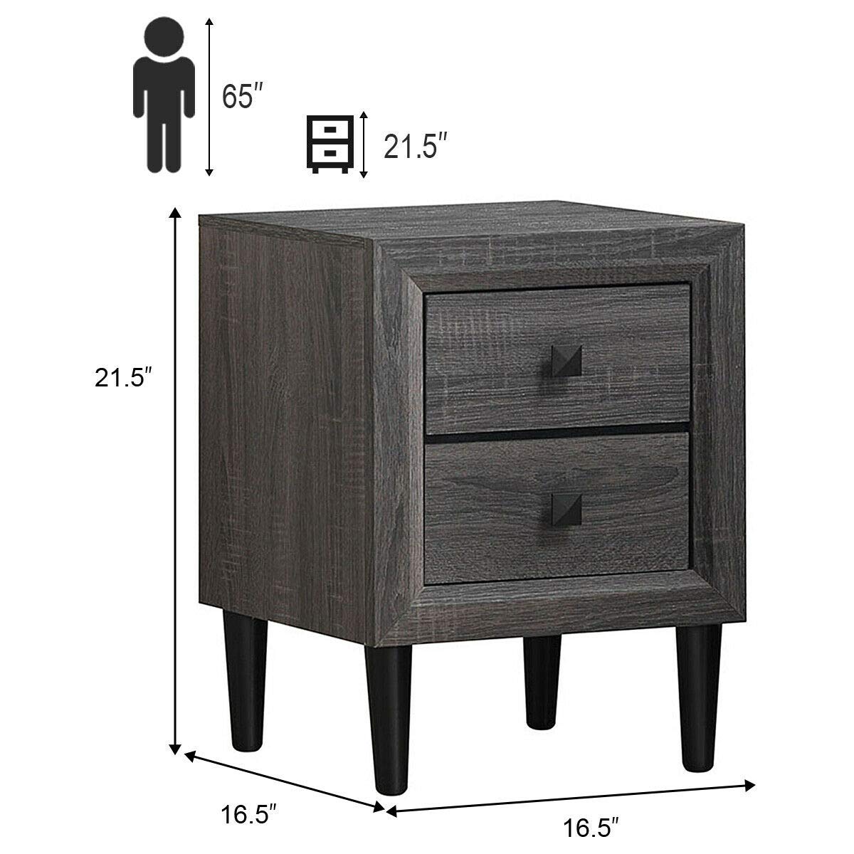 Caraya Retro Nightstand Set of 2 - Grey Space-Saving Bedside Table with 2 Sliding Drawers for Bedroom, Living Room & Office Storage | Multipurpose Side Table for Small Spaces