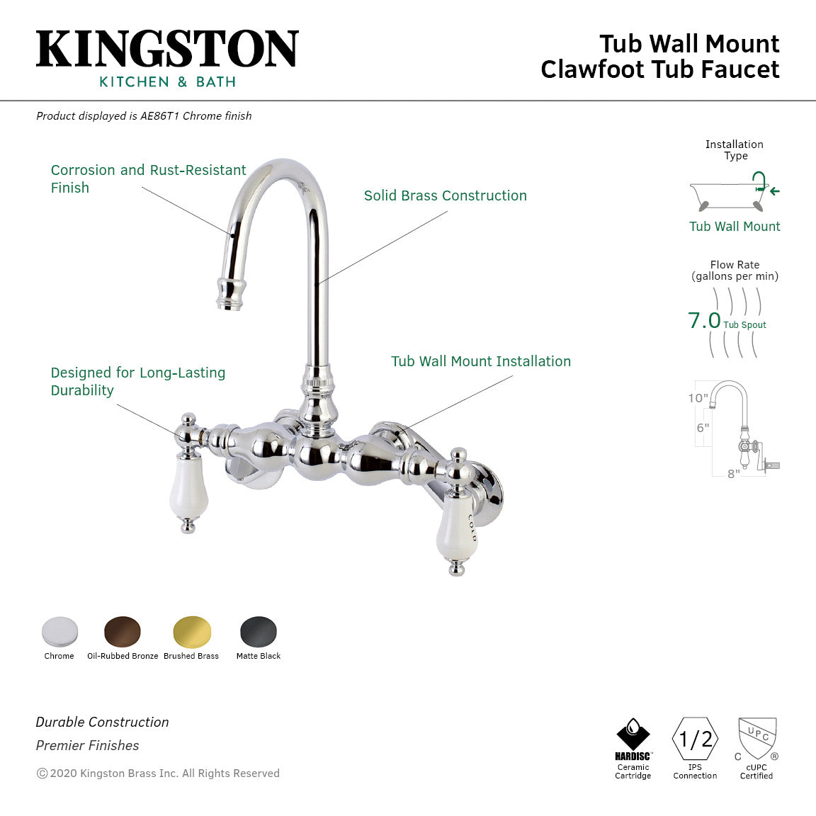Vintage Style AE85T5 Two Handle 2 Hole Wall Mount Clawfoot Bathtub Faucet in Oil Rubbed Bronze - Perfect for Classic Bathroom Renovations and Antique Tub Installations