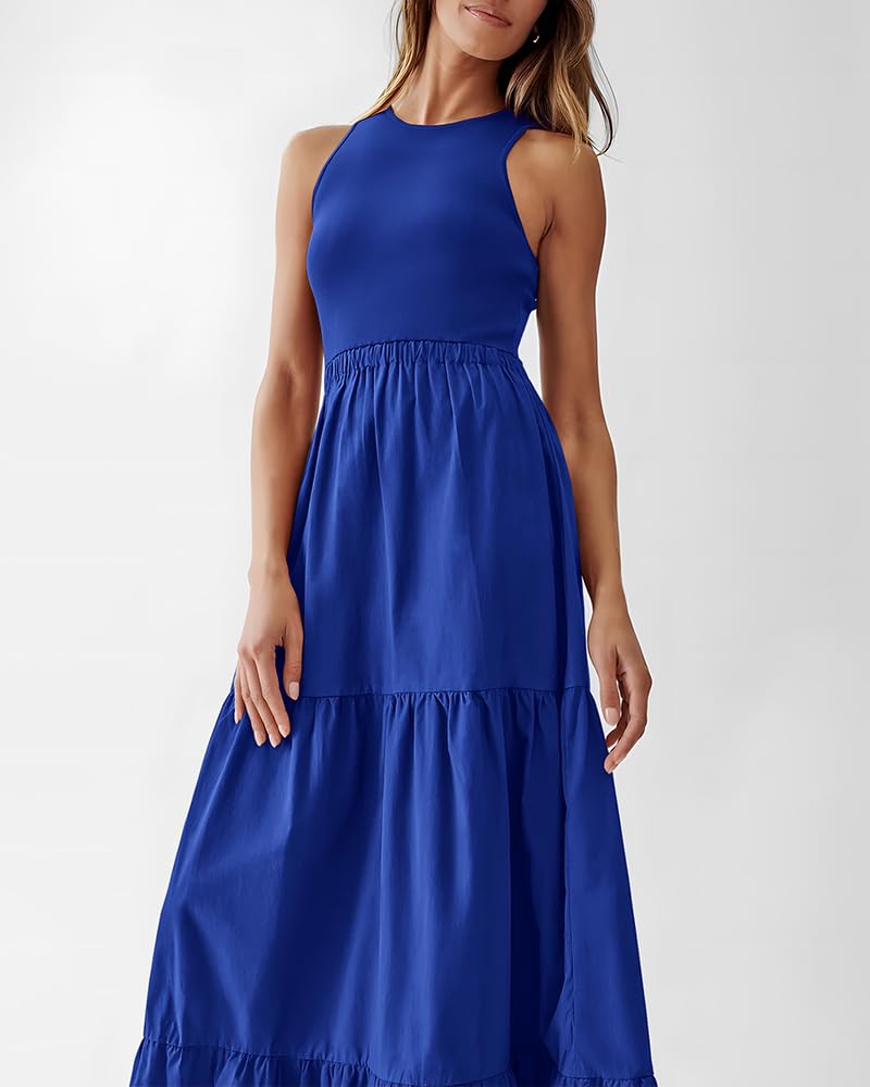 BTFBM Women's Sleeveless Summer Dress - Elegant Wedding Guest Maxi Dress with Ribbed Knit Top & Polyester Skirt with Pockets | Perfect for Beach Vacations, Garden Parties & Casual Outings