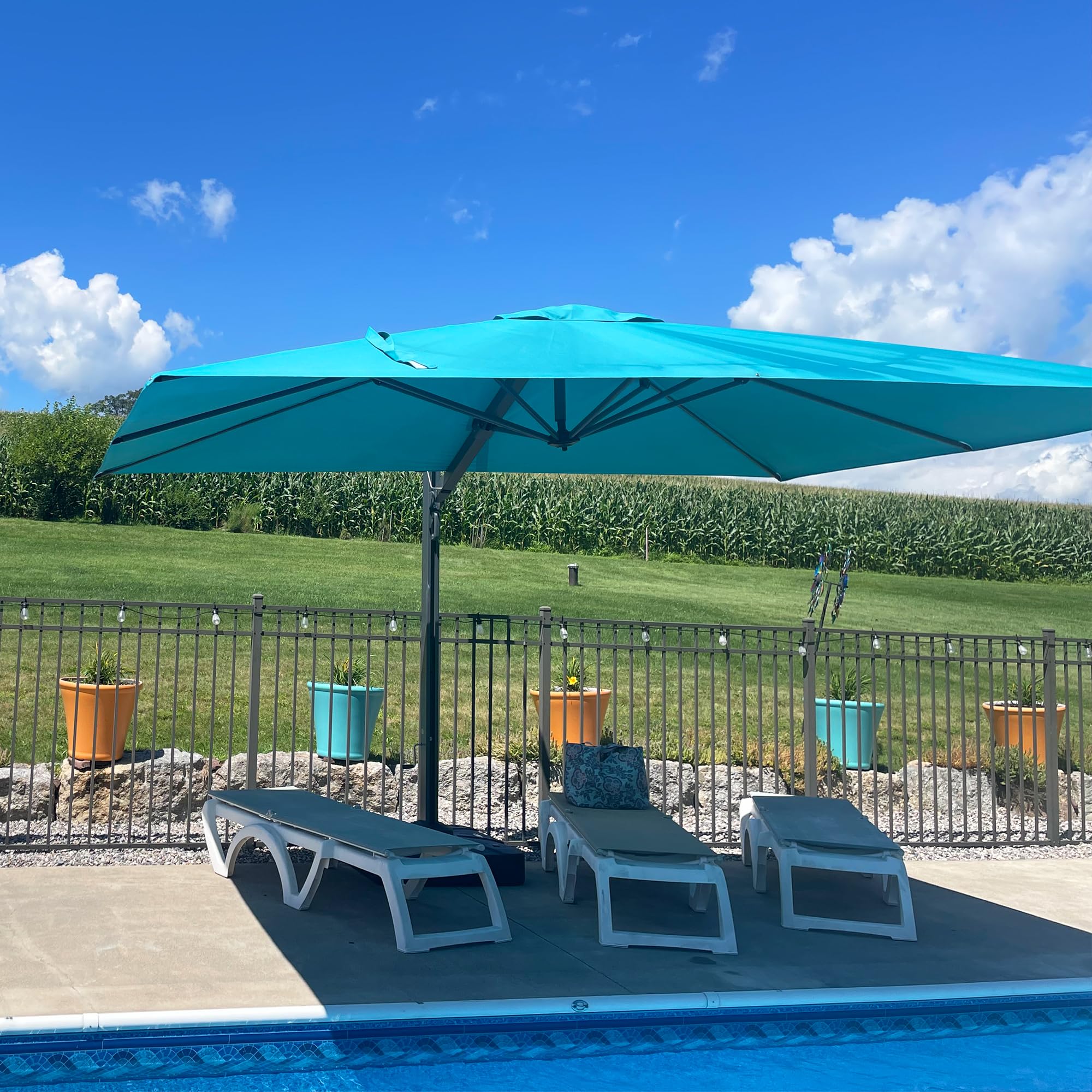 Large 10x13ft Offset Patio Umbrella with 360° Rotation - Turquoise Blue for Pool & Backyard