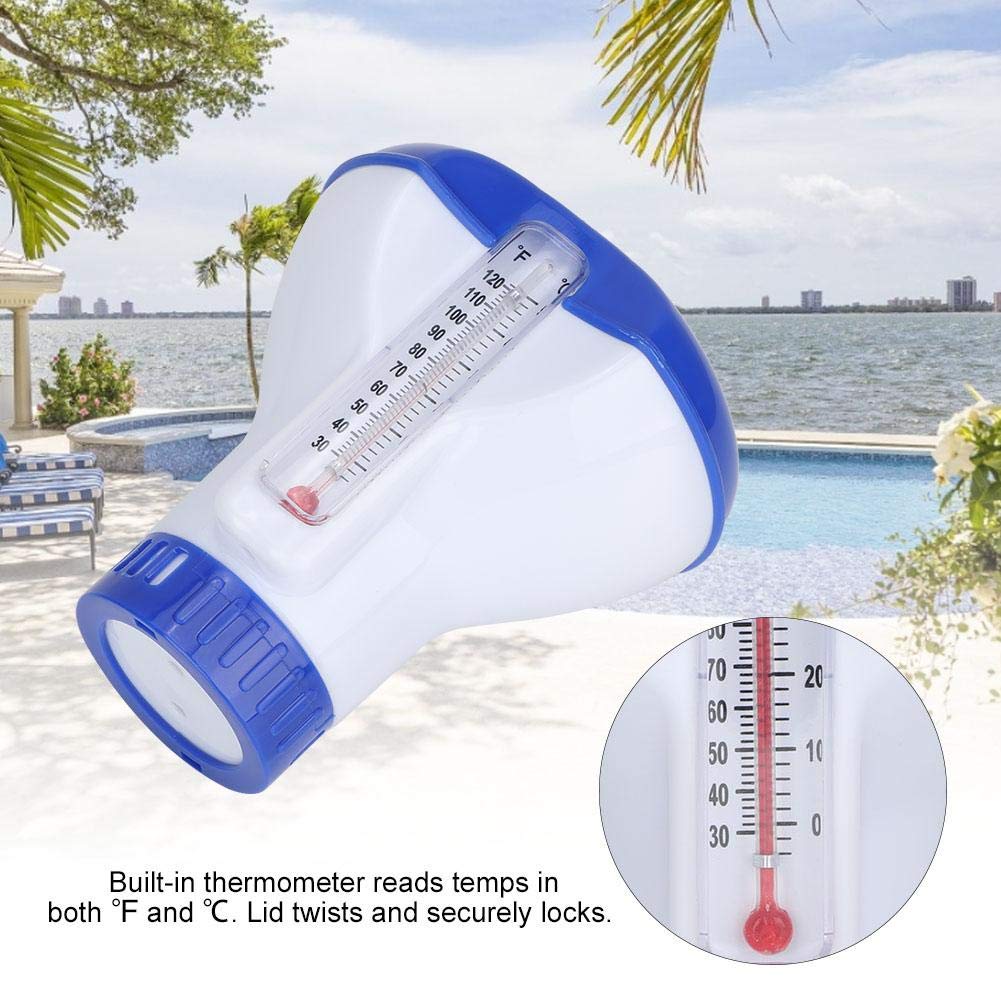 Floating Pool Chemical Dispenser with Thermometer & Tablet Holder - Automatic Chlorine Tablet Dispenser for Swimming Pools, Spas & Hot Tubs - Maintains Clean Water for Backyard, Inground & Above Ground Pools