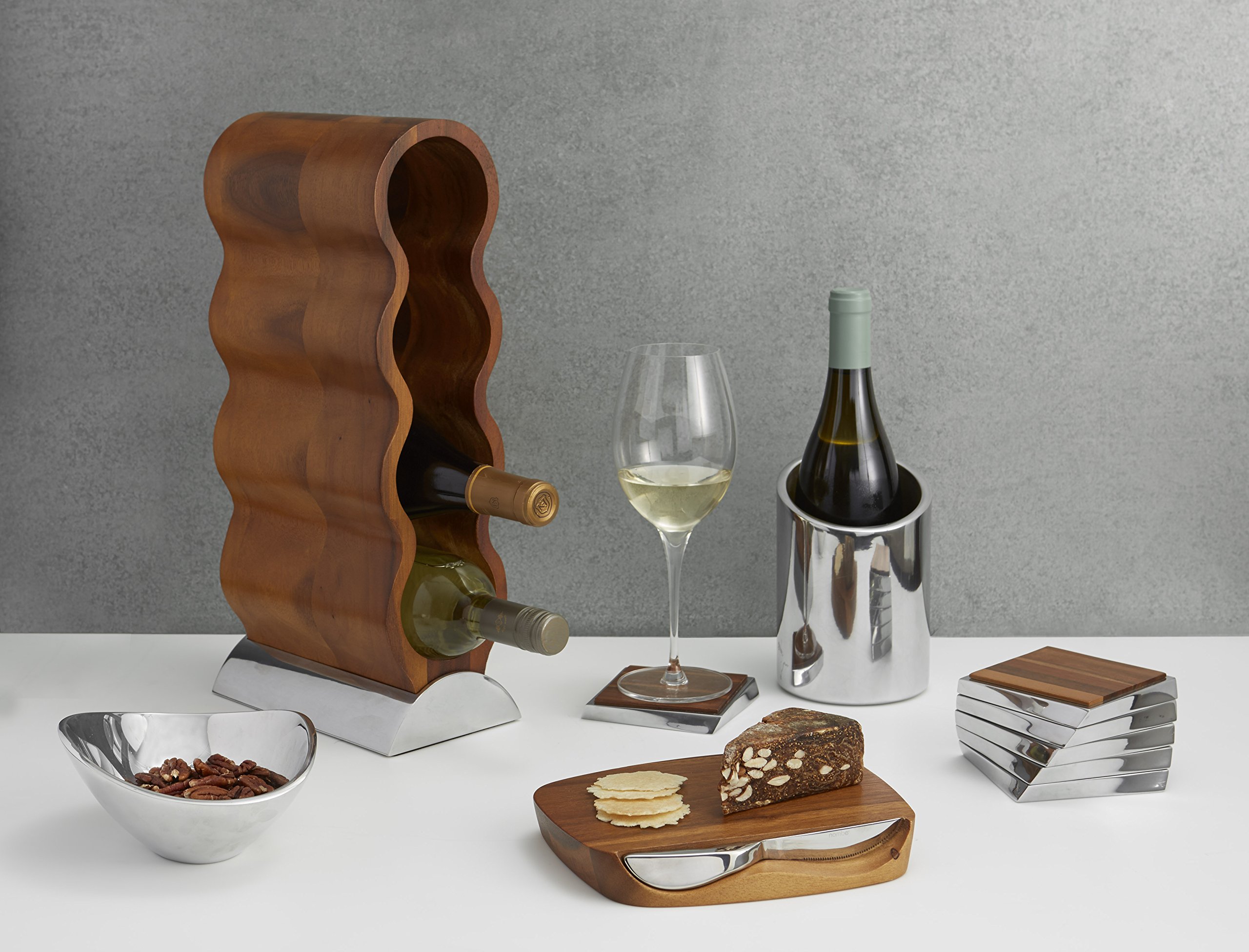 Nambe Curvo Acacia Wood & Silver Alloy Wine Rack - Modern Countertop Wine Bottle Holder for Kitchen, Dining Room & Home Decor - Space-Saving Wine Storage Solution by Steve Cozzolino