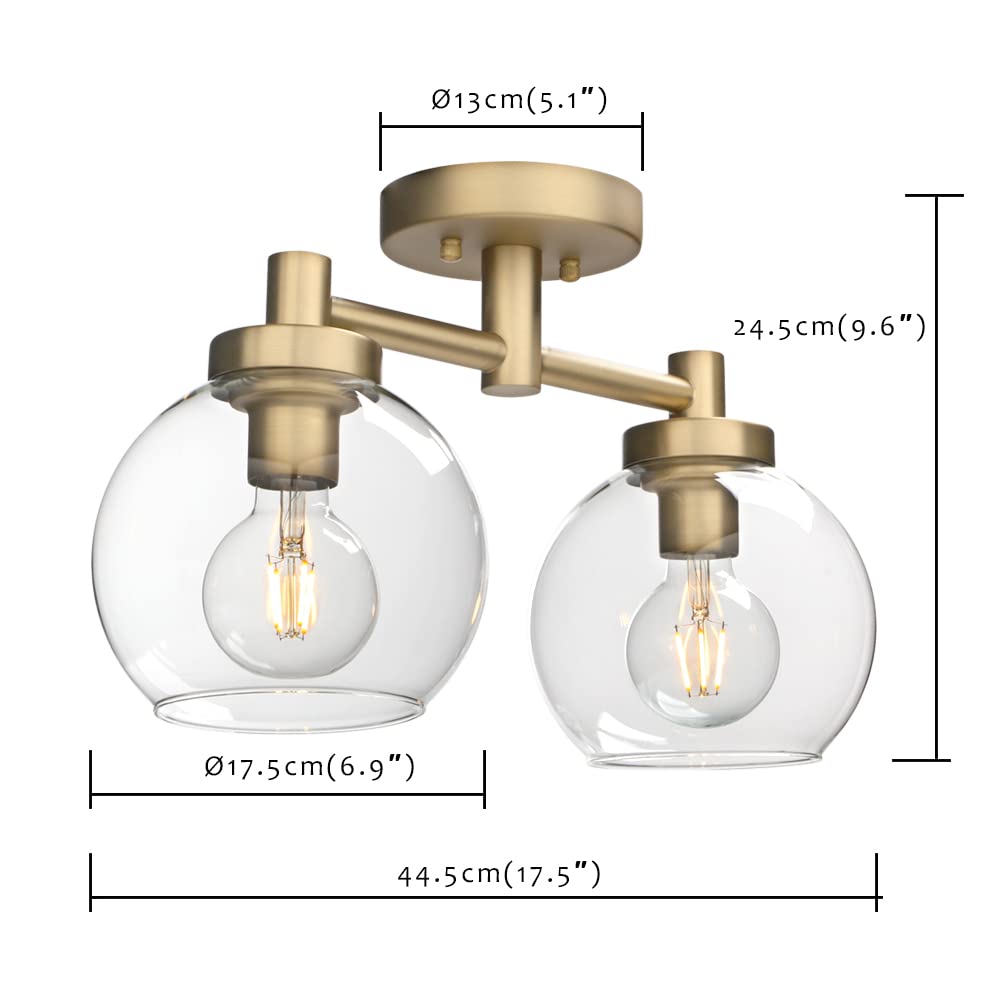 Pathson 2-Light Flush Mount Ceiling Fixture with Round Glass Shade & On/Off Switch - Perfect for Bedroom, Kitchen, and Hallway Lighting