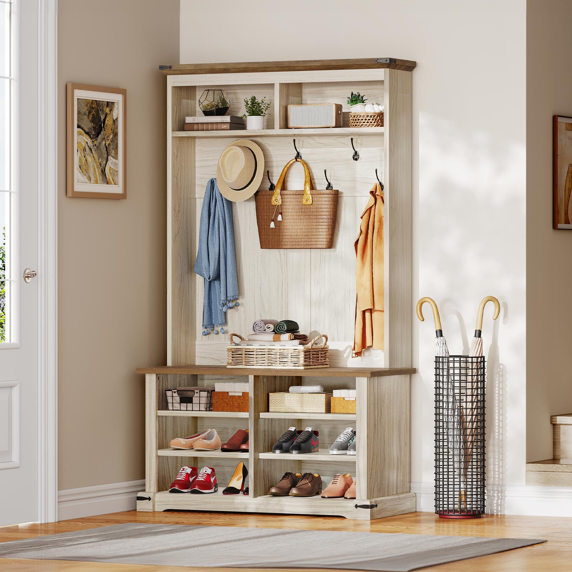 YITAHOME Farmhouse Entryway Hall Tree with Bench, Coat Rack & Shoe Storage - 7 Hooks, 6 Shoe Compartments & Adjustable Shelf - Perfect for Mudroom, Foyer or Front Porch Organization