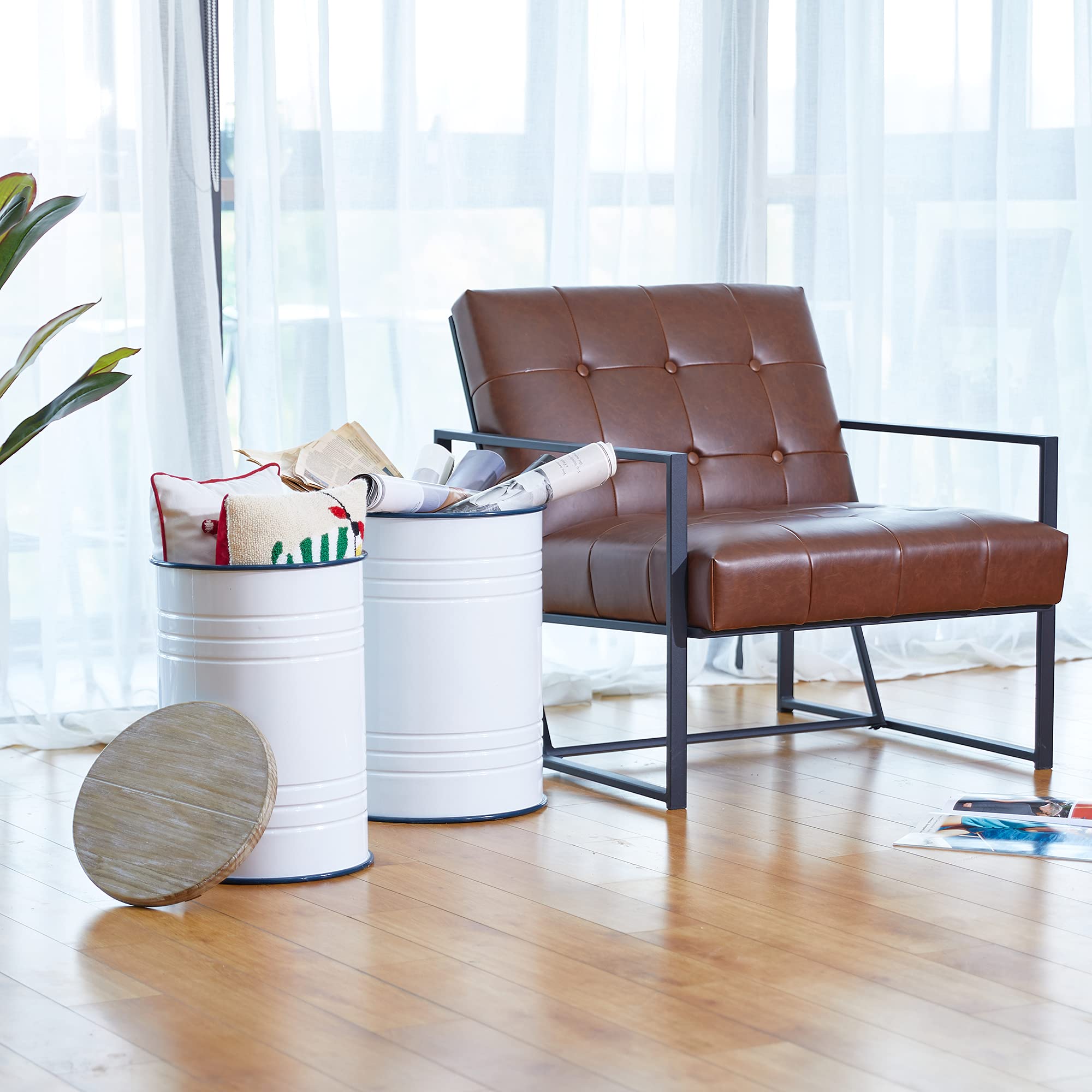 Glitzhome Rustic Storage Ottoman Seat Stool - Farmhouse End Table with Galvanized Dark Blue Rim & Round Wood Lid - Imitation Enamel Accent Side Table Toy Storage Bin for Living Room, Bedroom, Nursery - Set of 2 in White - Perfect for Home Decor, Extra Seating & Organization