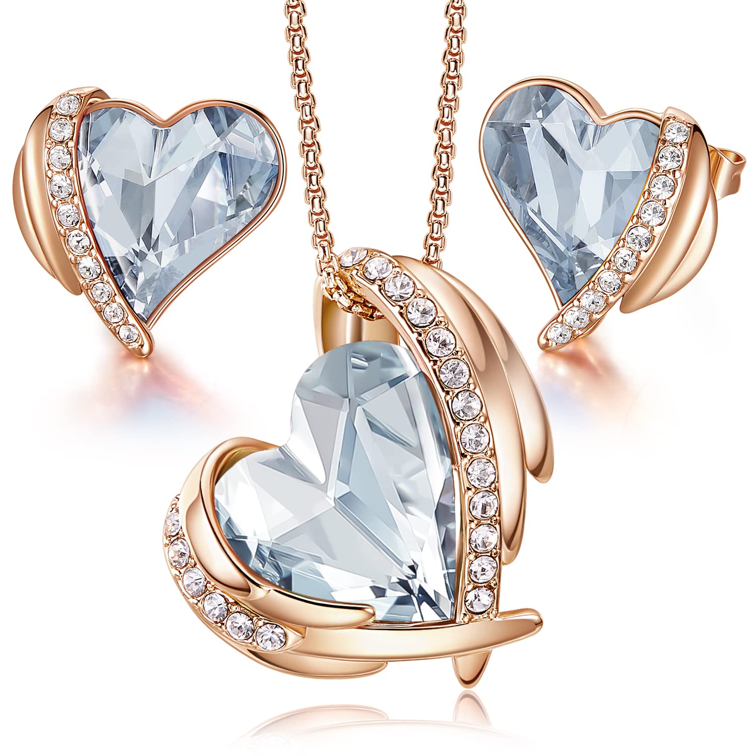 Rose Gold Crystal Heart Necklace & Earrings Set for Women - Birthstone Jewelry Gift for Valentine's Day, Mother's Day, Christmas, Anniversary, Birthday - Perfect for Party, Wedding & Romantic Date Night