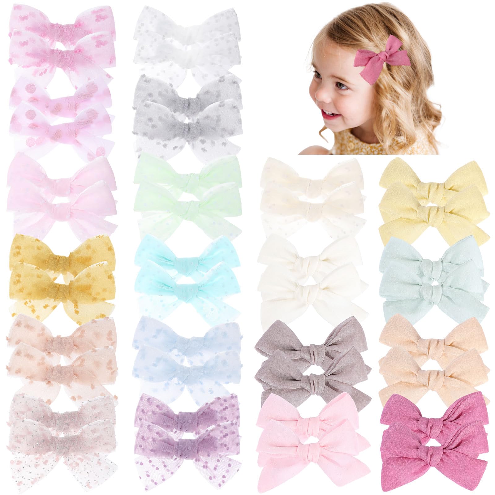 40Pcs Tulle Hair Bows for Girls - Cute Pigtail & Ponytail Clips for Toddlers & Kids (20 Pairs) - Perfect for Birthday Parties, School, Photos & Daily Hair Accessories