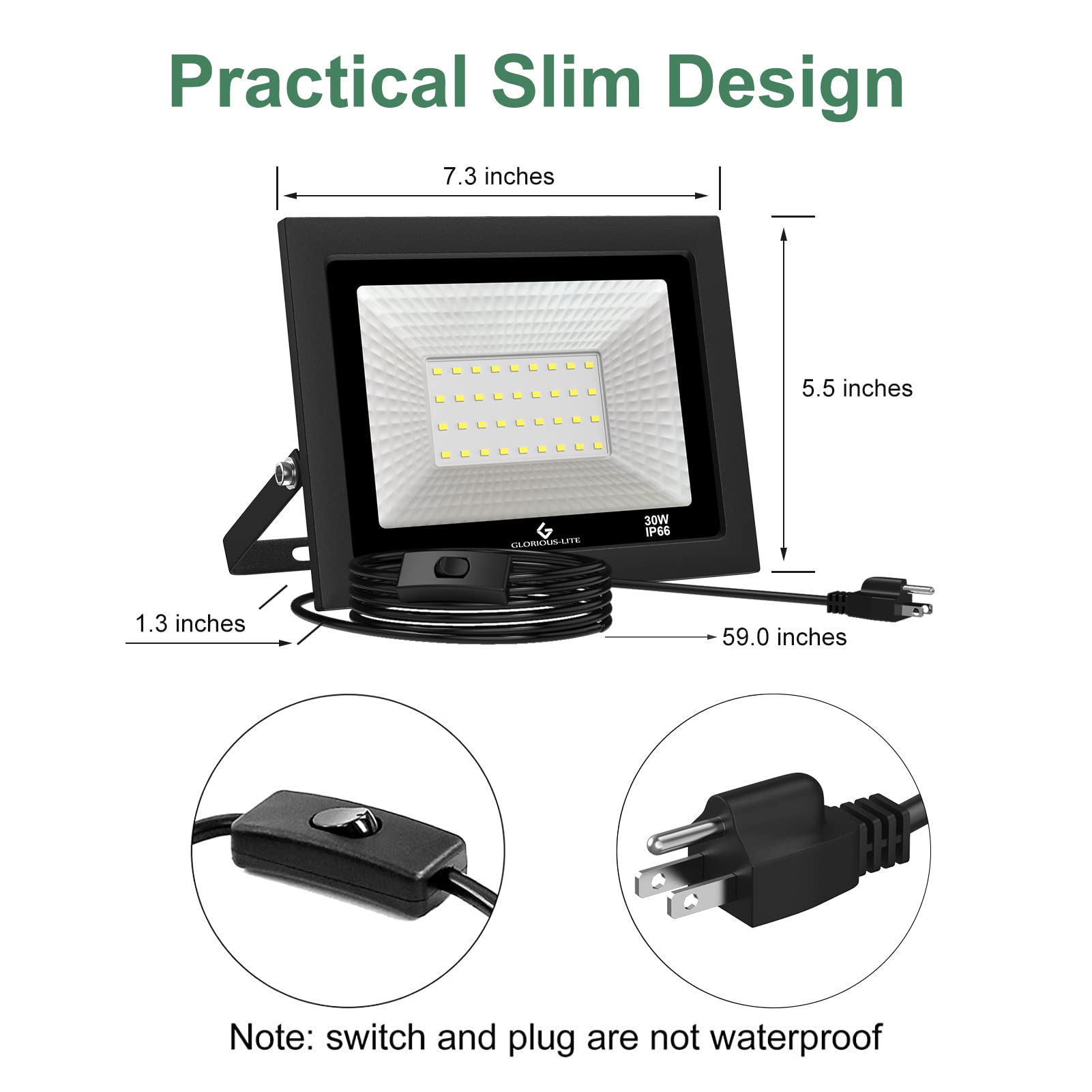 Glorious-Lite 30W 3000LM LED Flood Lights Outdoor, IP66 Waterproof Plug-in Work Light with 6000K Daylight White - 2 Pack for Garage, Yard, Garden, Playground Security Lighting | Perfect for Nighttime Safety, Landscape Illumination & Outdoor Activities