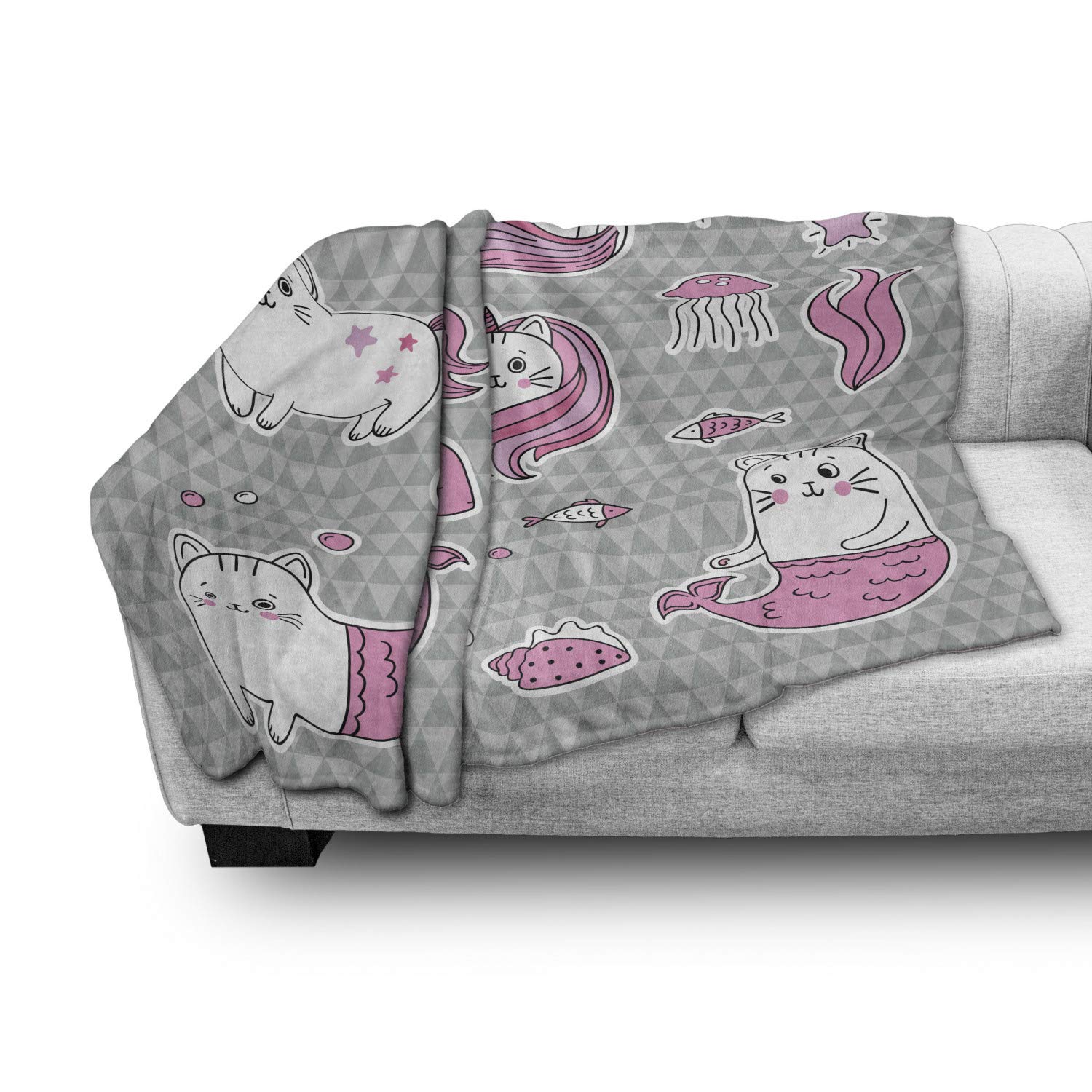 Ambesonne Unicorn Cat Throw Blanket - Soft Flannel Fleece Blanket with Cat, Unicorn & Mermaid Underwater Design - 50x60 Inch Grey Pale Pink White Blanket for Couch, Bed, Sofa - Perfect for Home Decor, Gift & Cozy Nights