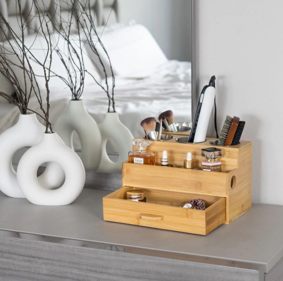 Bamboo Hair Tool Organizer - Styling Holder & Vanity Caddy for Blow Dryer, Accessories, Makeup & Toiletries | Bathroom Countertop Storage Stand for Hair Styling & Beauty Essentials