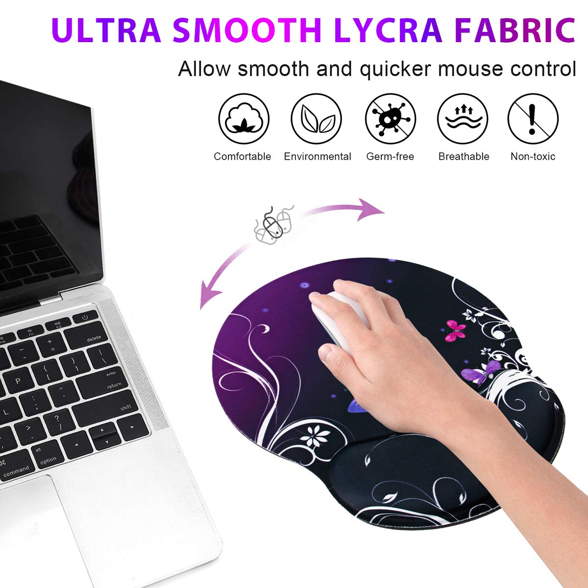 Ergonomic Gel Mouse Pad with Wrist Rest - Non-Slip Rubber Base & Memory Foam Support for Pain Relief - Purple Butterfly Design - Perfect for Office, Home & Laptop Computer Workstations