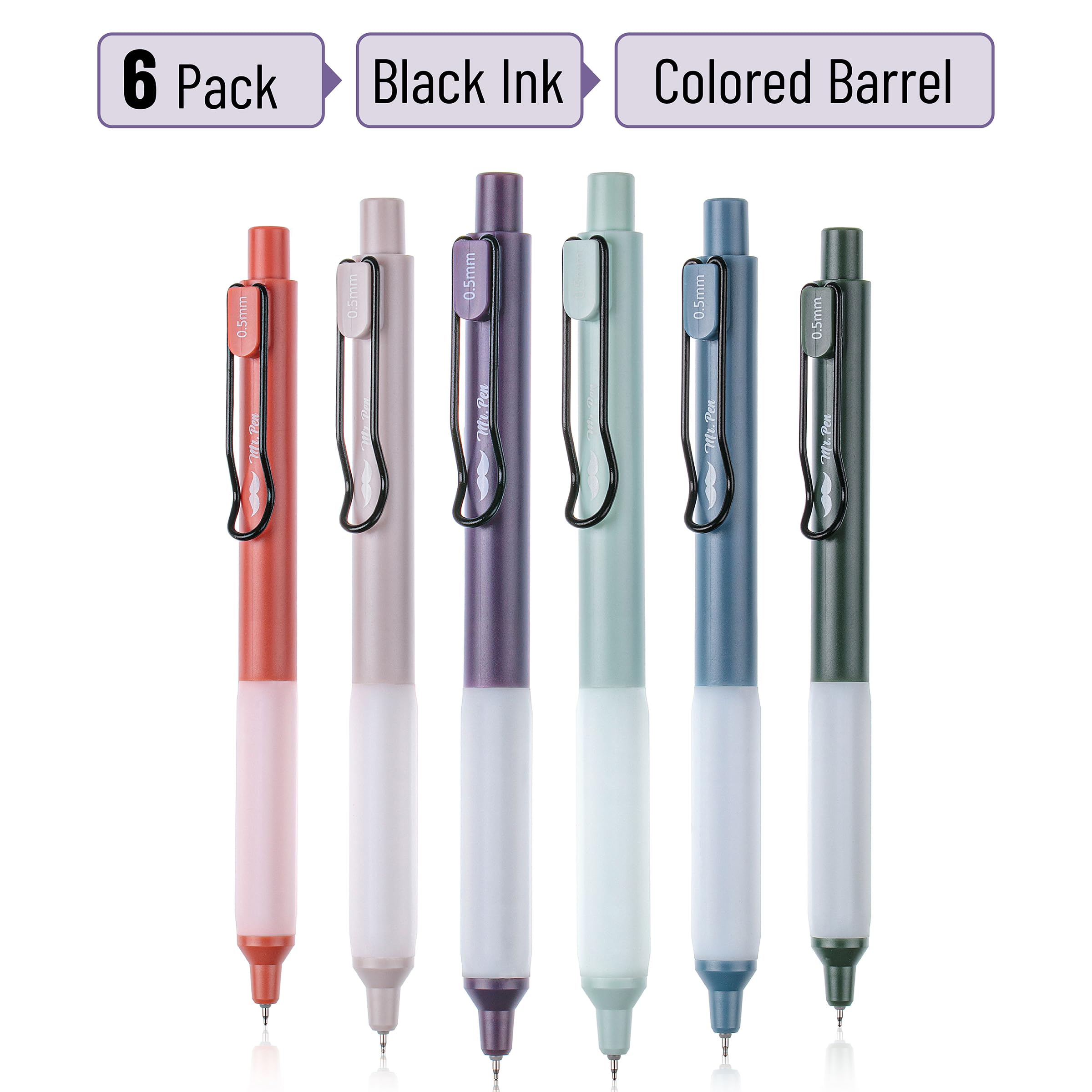 Mr. Pen Retractable Gel Pens 6-Pack - 0.5mm Fine Point Black Ink Fast Drying Vintage Barrel Design - Perfect for Office, School, Note Taking & Journaling