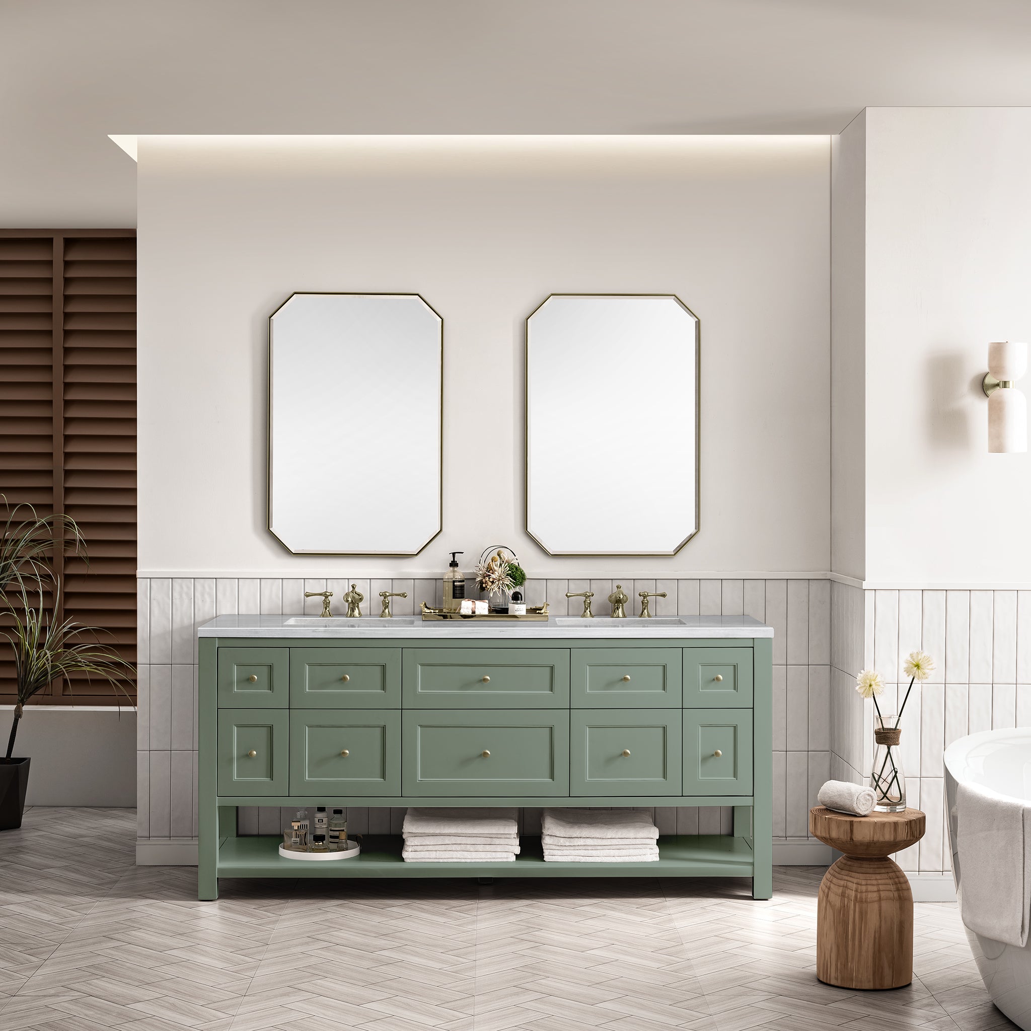 Breckenridge 72 Inch Double Vanity with Smokey Celadon Finish and 3CM Arctic Fall Quartz Top - Perfect for Modern Bathroom Renovation and Master Suite Upgrade