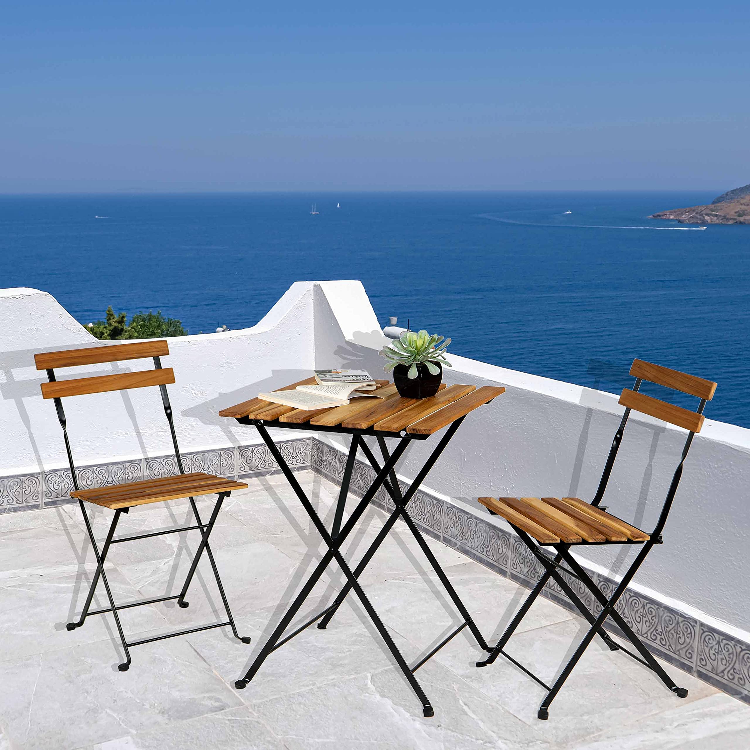 3 Piece Folding Bistro Set - Solid Teak Wood Patio Table & 2 Chairs with Navy Waterproof Cushions - Outdoor Dining Set for Garden, Balcony & Backyard