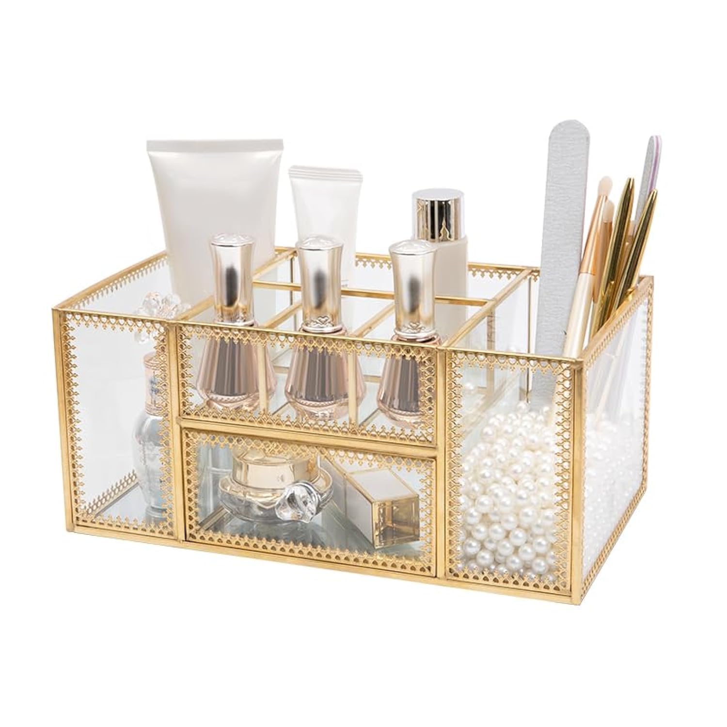 FSyueyun Clear Glass Vanity Organizer with Gold Trim - Makeup Brush Holder & Cosmetic Storage Display Case for Skincare, Perfume, Jewelry - Perfect for Dresser, Bathroom Countertop & Vanity Table Organization