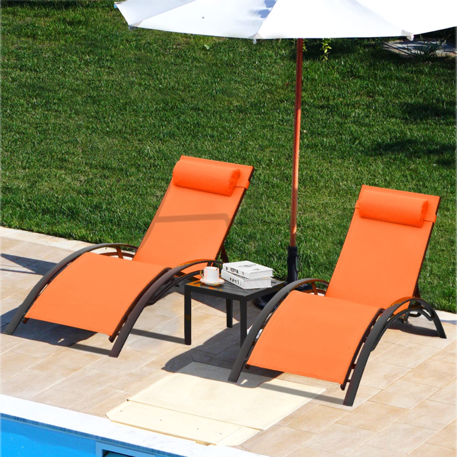 **AthLike 3-Piece Pool Chair Set with Headrest – 5-Level Adjustable Patio Chaise Lounge for Sunbathing, Tanning – Outdoor Beach & Poolside Recliner Chairs with Side Table (Orange) – Perfect for Backyard, Resort, or Vacation Relaxation**