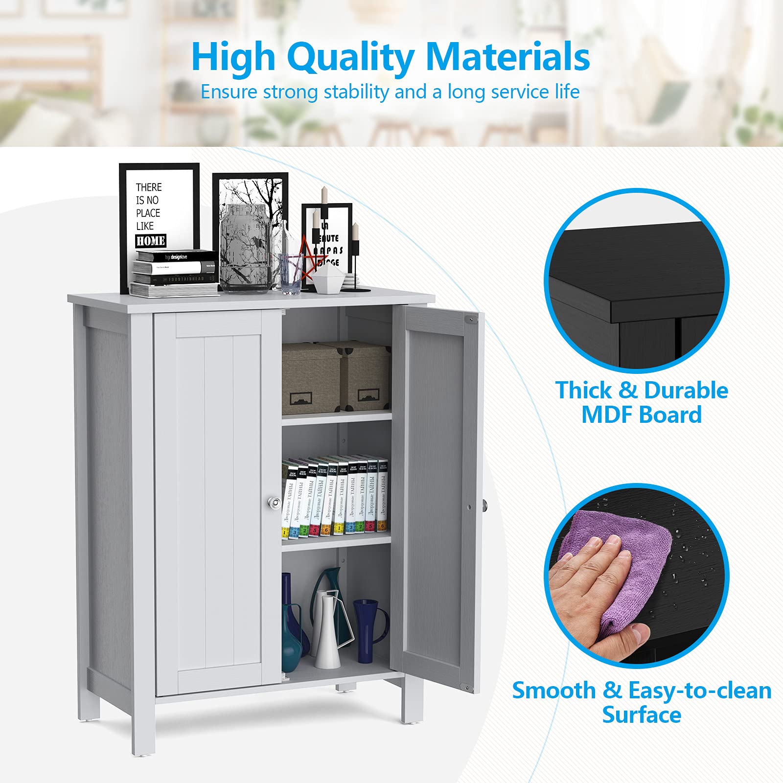 GOFLAME 3-Tier Adjustable Bathroom Storage Cabinet with Double Doors - Freestanding Wooden Organizer for Bathroom, Living Room & Kitchen - Grey | Space-Saving Home Storage Solution for Towels, Toiletries & Cleaning Supplies