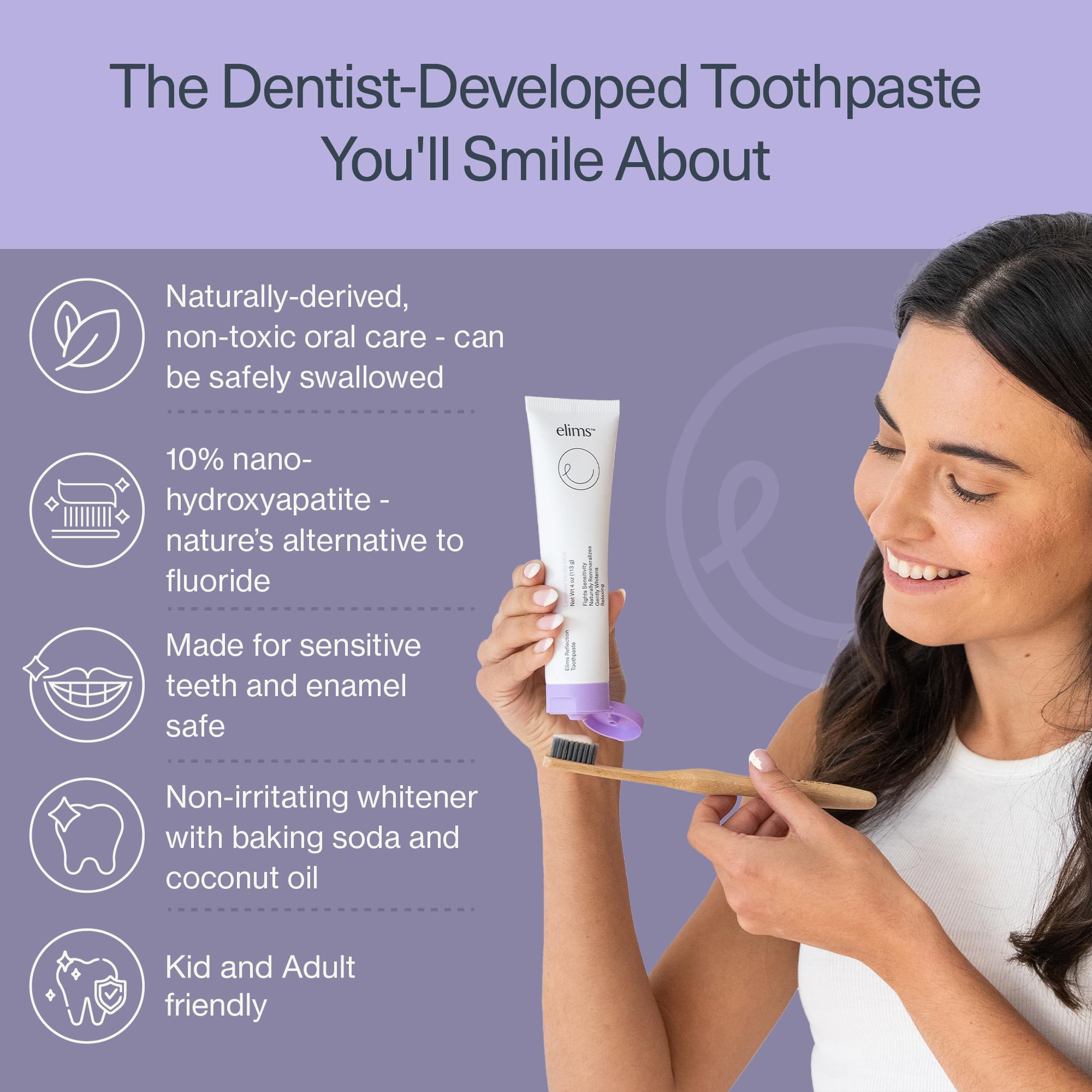 Elims Nano Hydroxyapatite Toothpaste - Fluoride-Free Remineralizing & Whitening Toothpaste for Sensitive Teeth, Xylitol Enriched, SLS-Free, Lavender Vanilla Mint Flavor for Adults & Kids (4oz) - Gentle Daily Care for Stronger, Brighter Teeth at Home or Travel