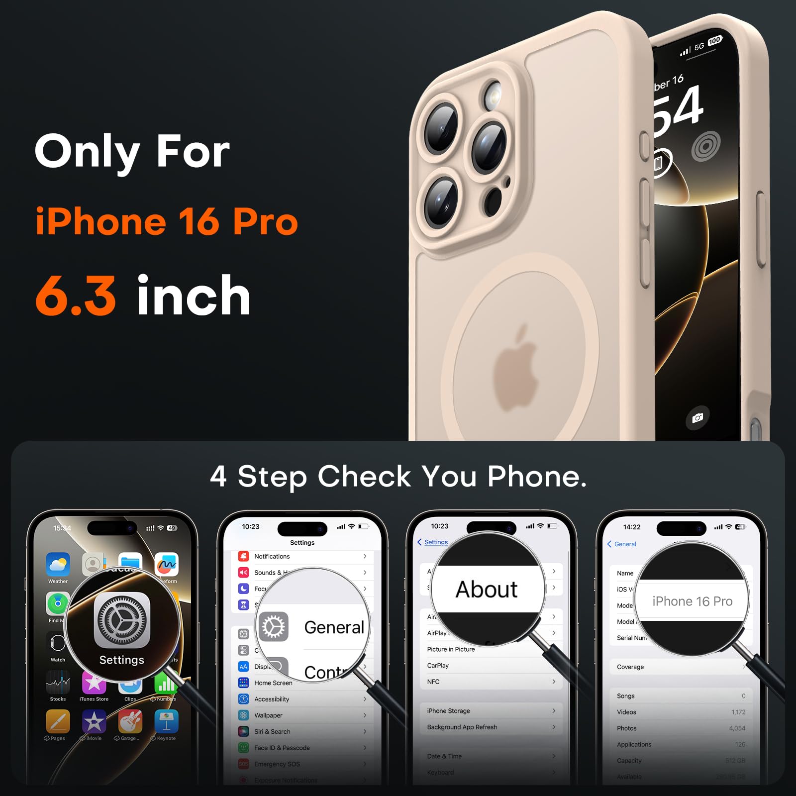 TOCOL Magnetic Case for iPhone 16 Pro 6.3 Inch - Upgraded Full Camera Protection, MagSafe Compatible, 15FT Military Grade Drop Protection (Desert Color) - Perfect for Outdoor Adventures, Travel & Daily Use