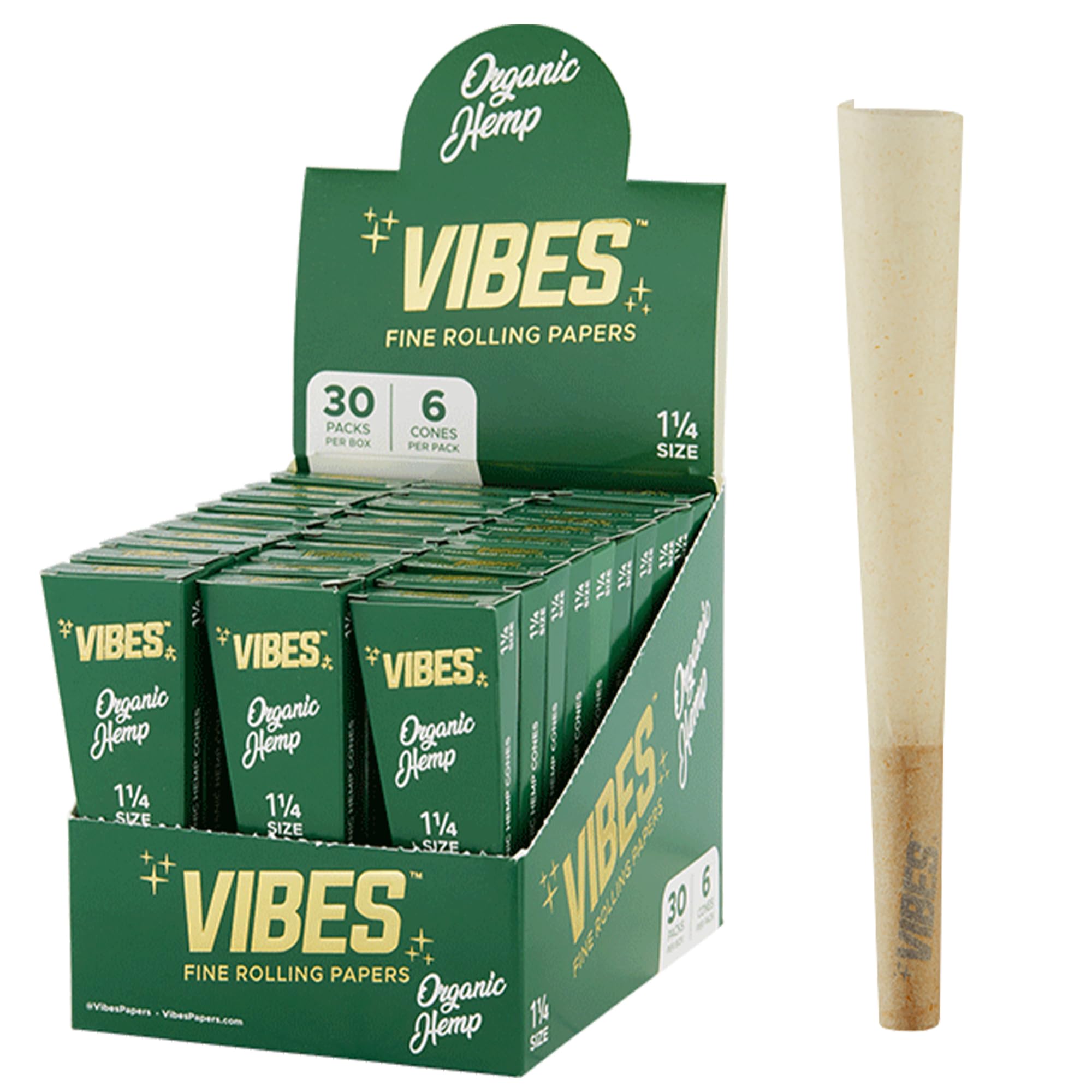 Premium Organic Hemp Pre-Rolled Cones 1-1/4 Size (180 Cones) - 30-Pack Display Box with Packing Tool | Chlorine-Free, Natural Rolling Papers for Smooth Smoking Experience at Home or Outdoors