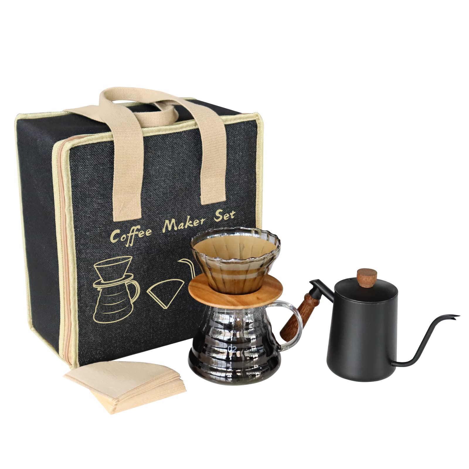 Premium Pour Over Coffee Maker Set - Stainless Steel Gooseneck Kettle, Wooden Stand, Glass Carafe & Reusable Filters - Perfect for Home Brewing, Office Use & Camping Coffee Making