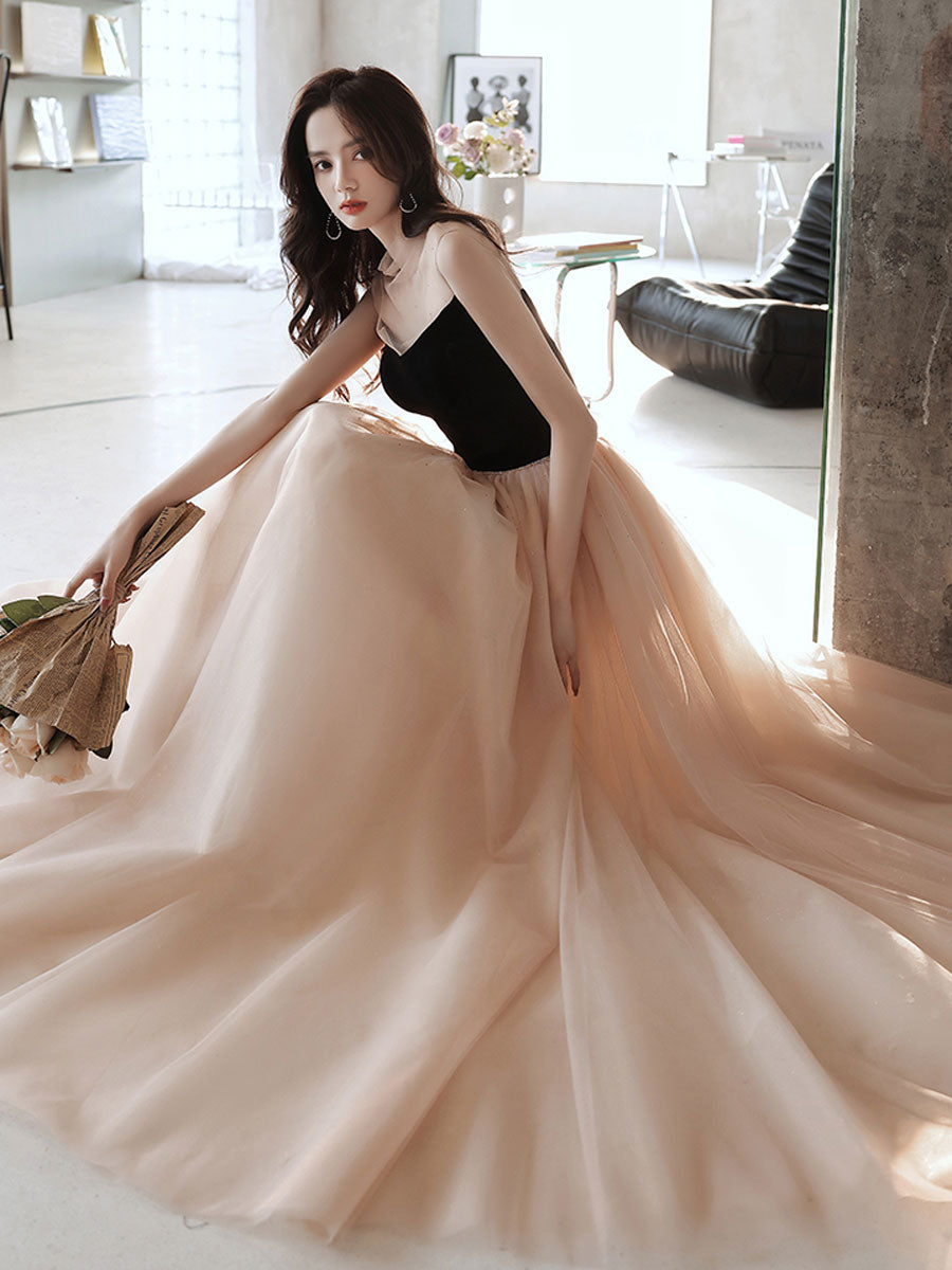 Elegant Champagne Long Prom Dresses with Tulle Skirt - Formal Evening Gowns for Homecoming, Ball & Special Occasions