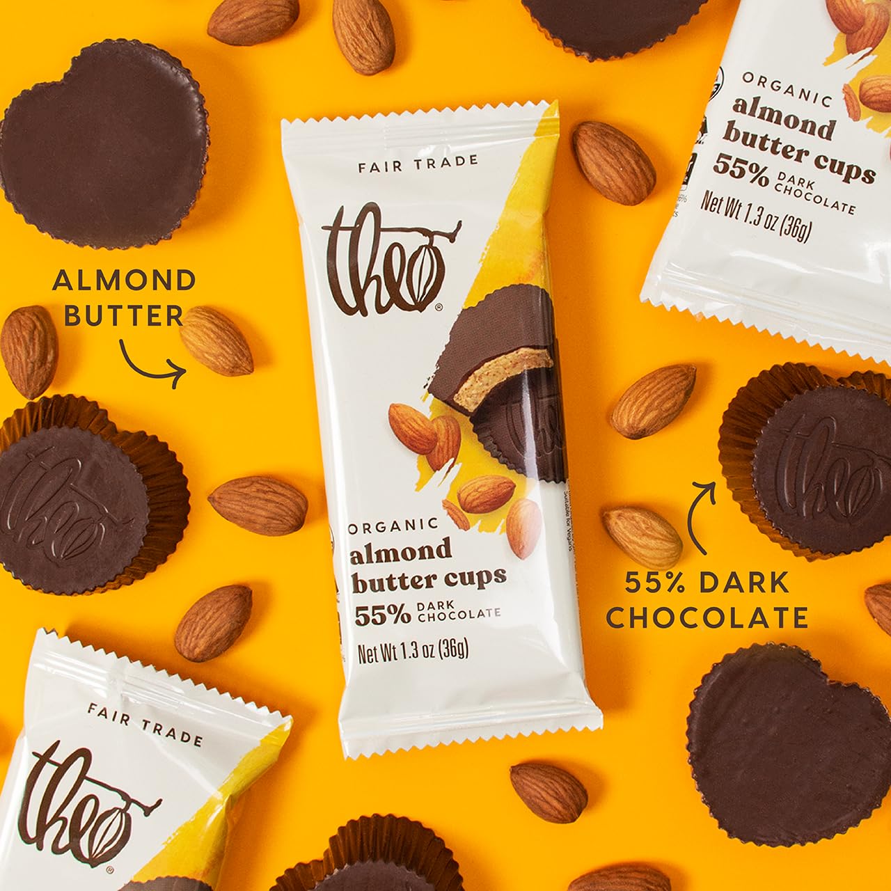 Theo Chocolate Organic Dark Chocolate Salted Almond Butter Cups - 12 Pack | Vegan, Fair Trade Certified | Healthy Snacks, Dessert Gifts & Party Treats