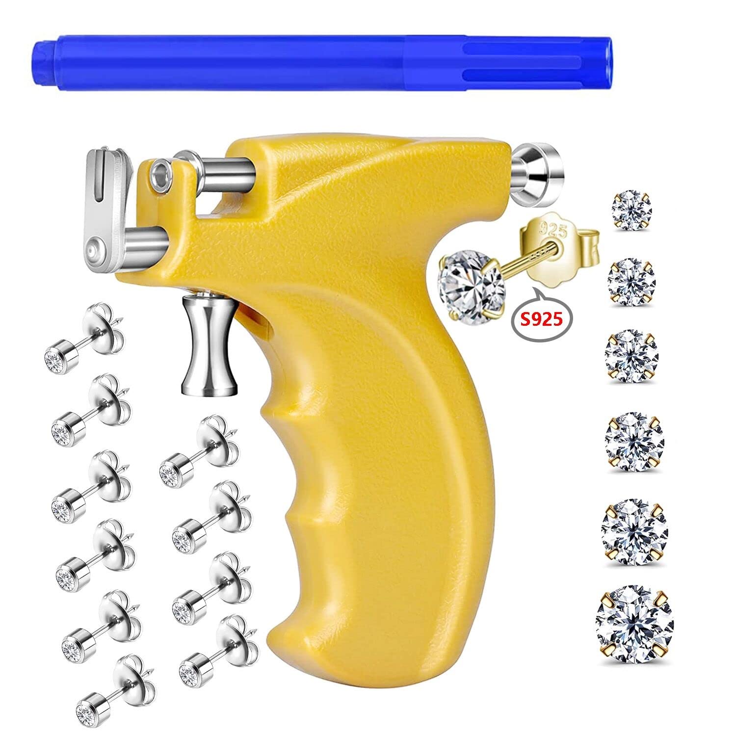 Professional Ear Piercing Gun Kit with 6 Pairs 925 Sterling Silver Earrings (18K Gold Plated) & 10 Pairs 316L Surgical Steel Studs - Safe for Home, Salon & Professional Use